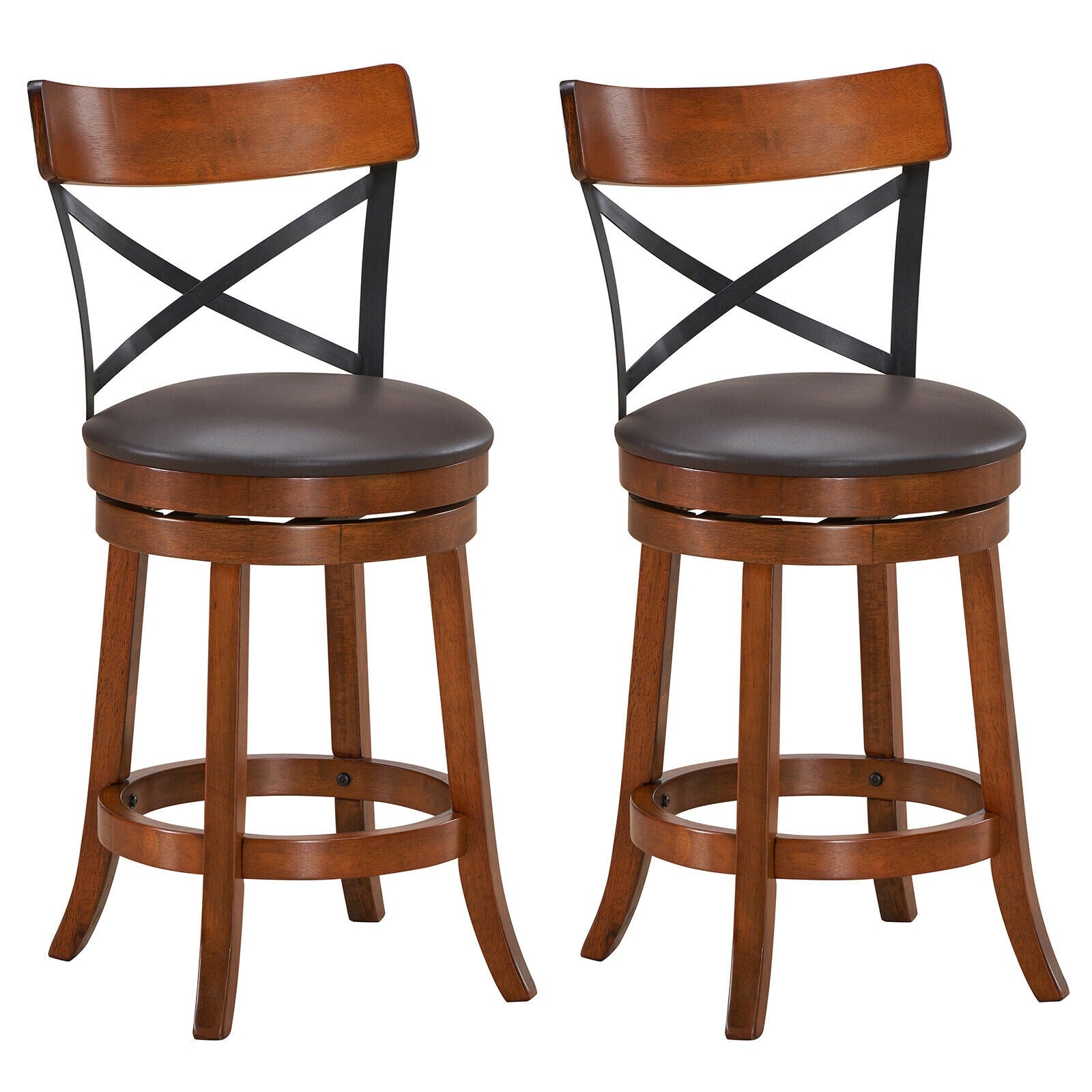 Set of 2 Bar Stools 360-Degree Swivel Dining Bar Chairs with Rubber Wood Legs-M, Walnut Bar Stools M at Gallery Canada