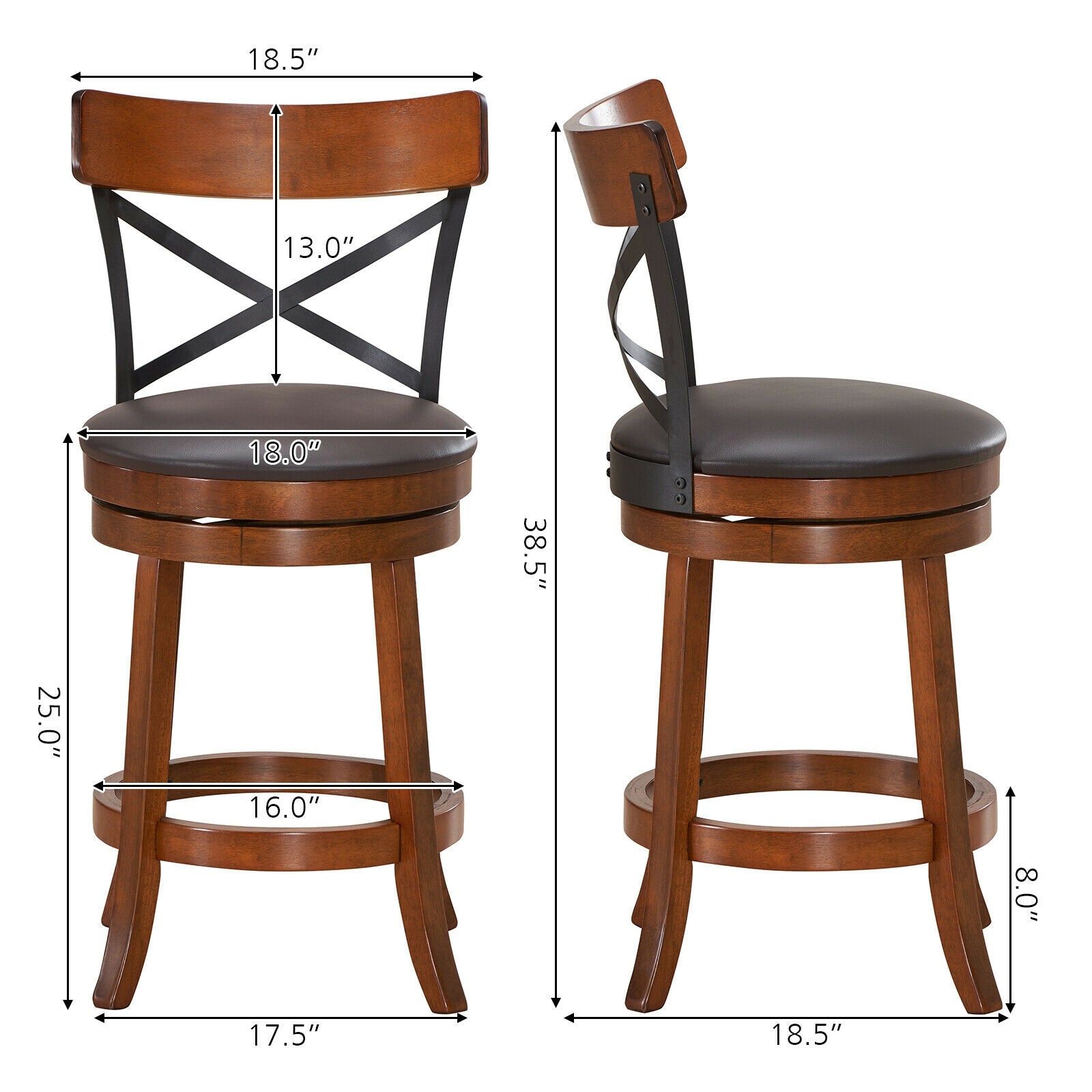 Set of 2 Bar Stools 360-Degree Swivel Dining Bar Chairs with Rubber Wood Legs-M, Walnut Bar Stools at Gallery Canada