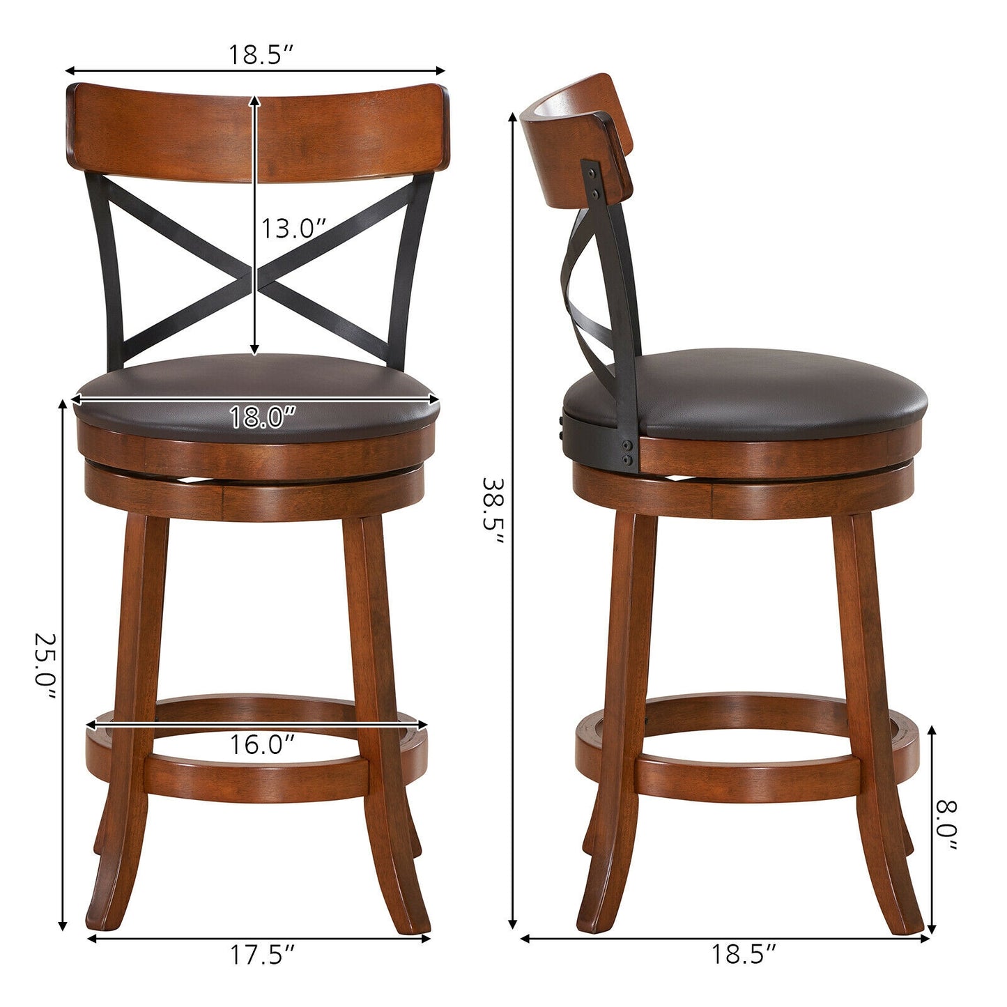 Set of 2 Bar Stools 360-Degree Swivel Dining Bar Chairs with Rubber Wood Legs-M, Walnut Bar Stools at Gallery Canada