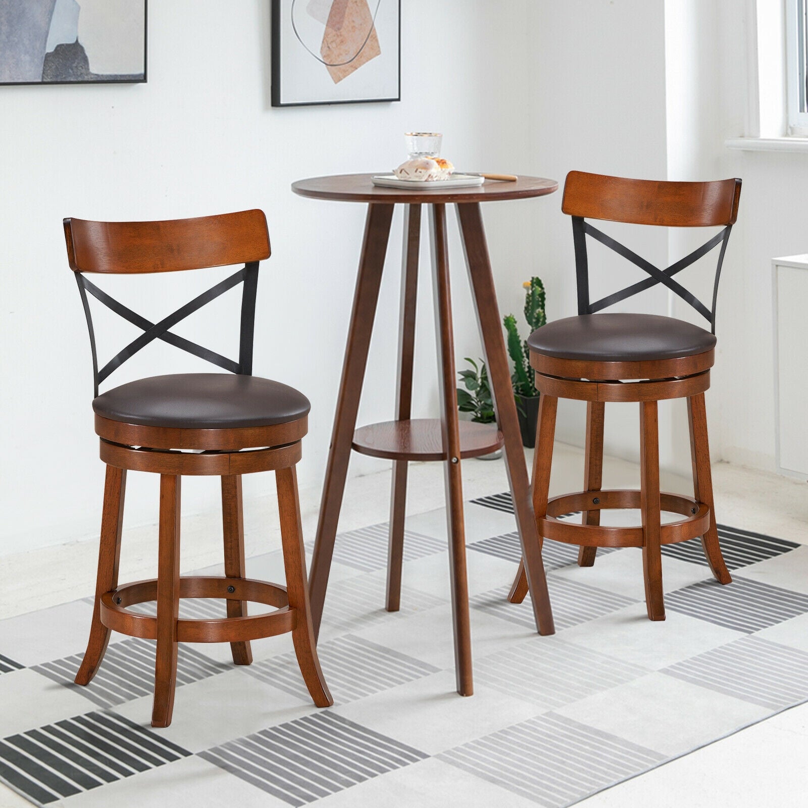 Set of 2 Bar Stools 360-Degree Swivel Dining Bar Chairs with Rubber Wood Legs-M, Walnut Bar Stools at Gallery Canada