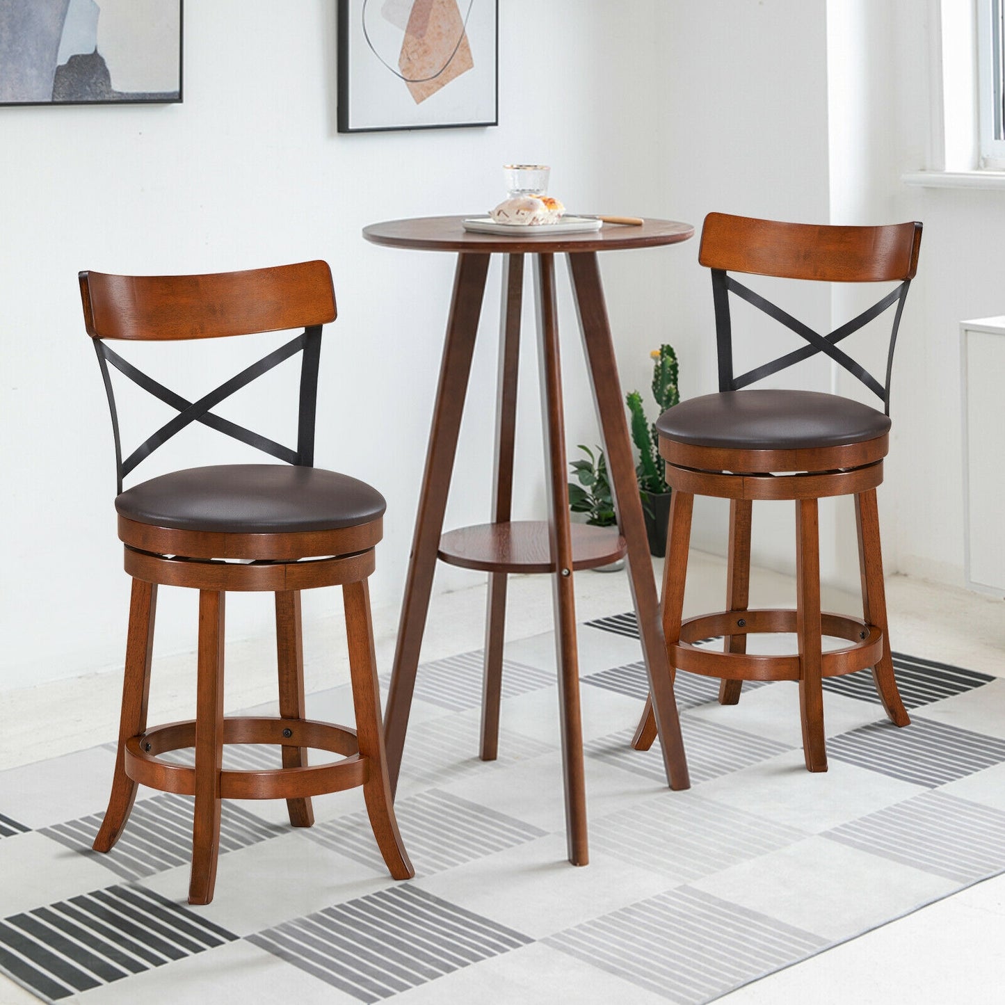 Set of 2 Bar Stools 360-Degree Swivel Dining Bar Chairs with Rubber Wood Legs-M, Walnut Bar Stools at Gallery Canada