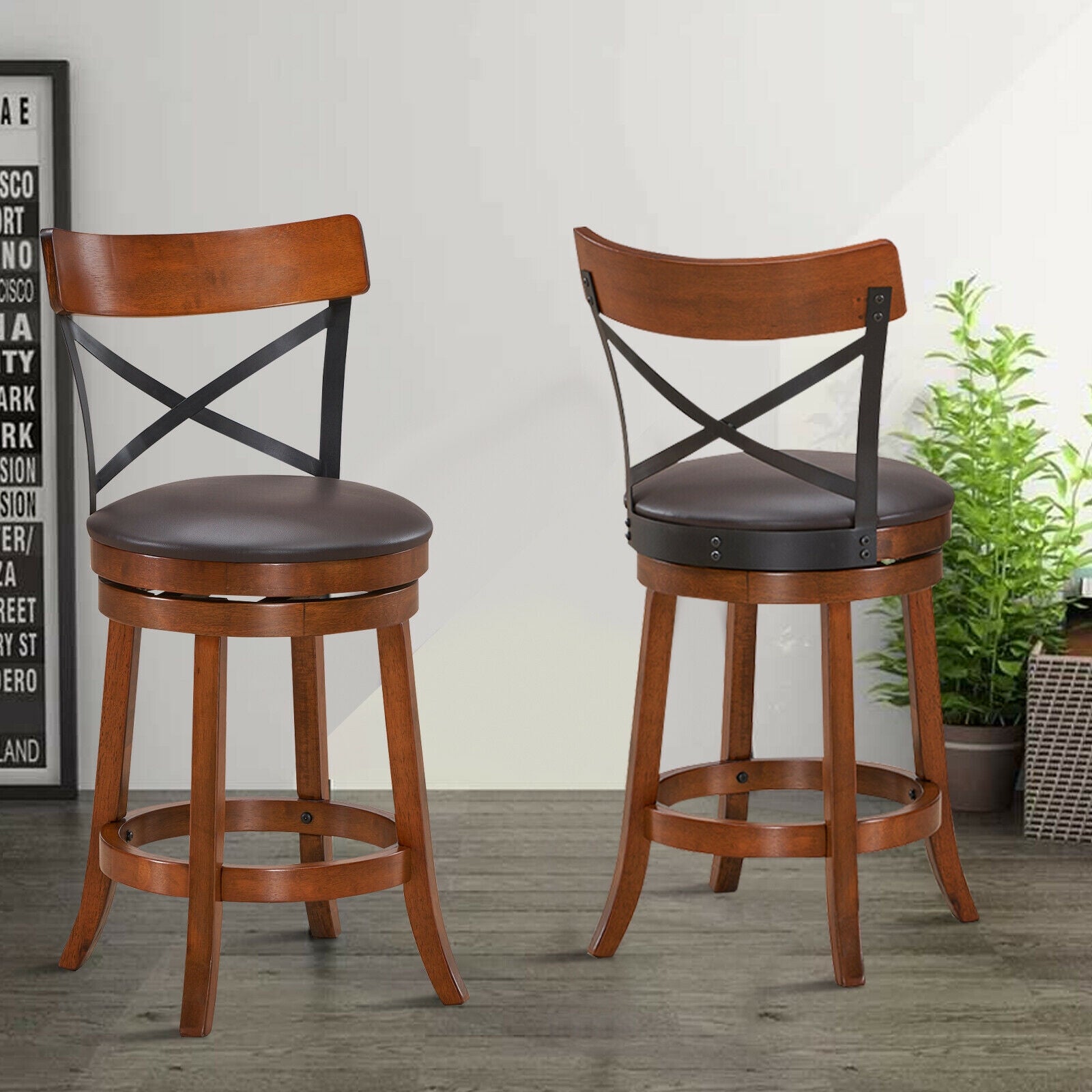 Set of 2 Bar Stools 360-Degree Swivel Dining Bar Chairs with Rubber Wood Legs-M, Walnut Bar Stools at Gallery Canada