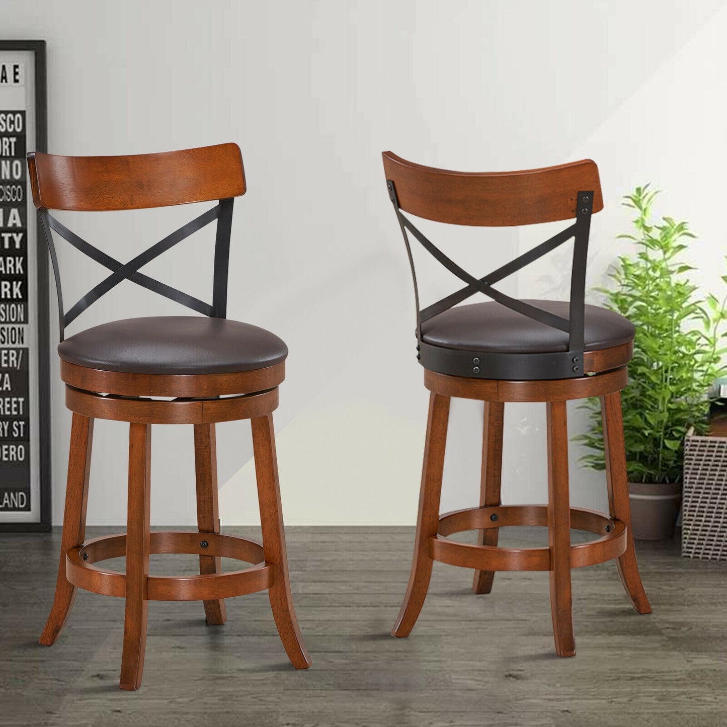 Set of 2 Bar Stools 360-Degree Swivel Dining Bar Chairs with Rubber Wood Legs-M, Walnut Bar Stools at Gallery Canada
