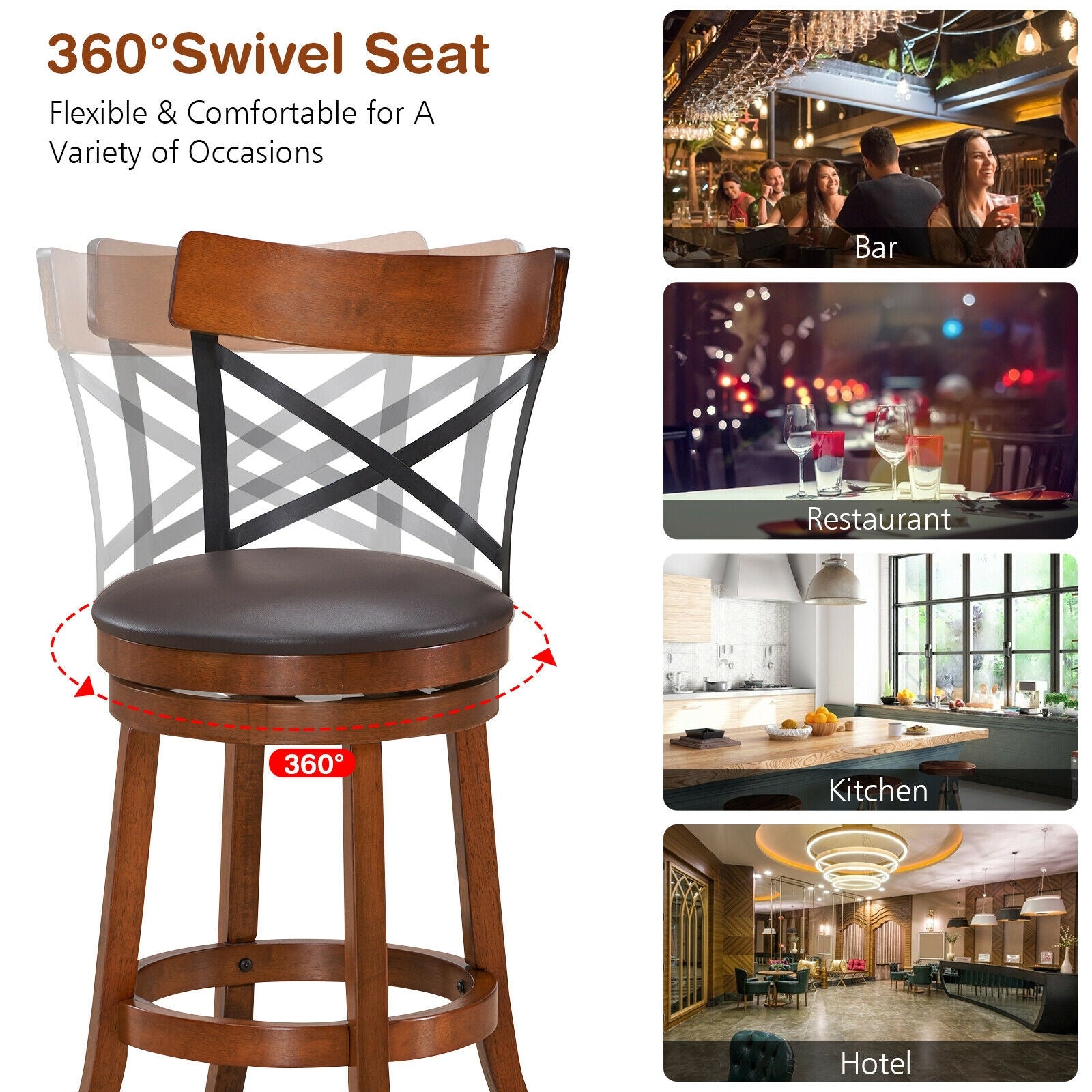 Set of 2 Bar Stools 360-Degree Swivel Dining Bar Chairs with Rubber Wood Legs-M, Walnut Bar Stools at Gallery Canada