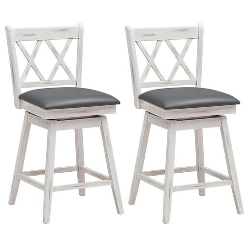 24 Inches Swivel Counter Height Barstool Set, Rubber Wood Legs, White
