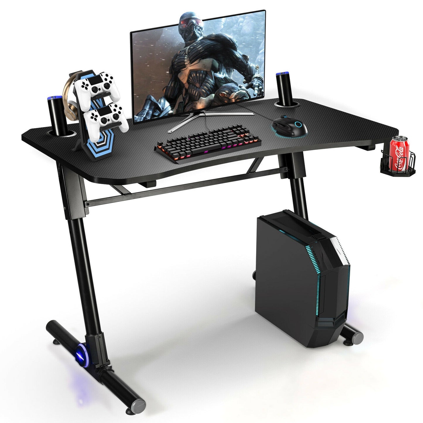 43.5 Inch Height Adjustable Gaming Desk With Blue LED Lights, Black Gaming Desks Black at Gallery Canada