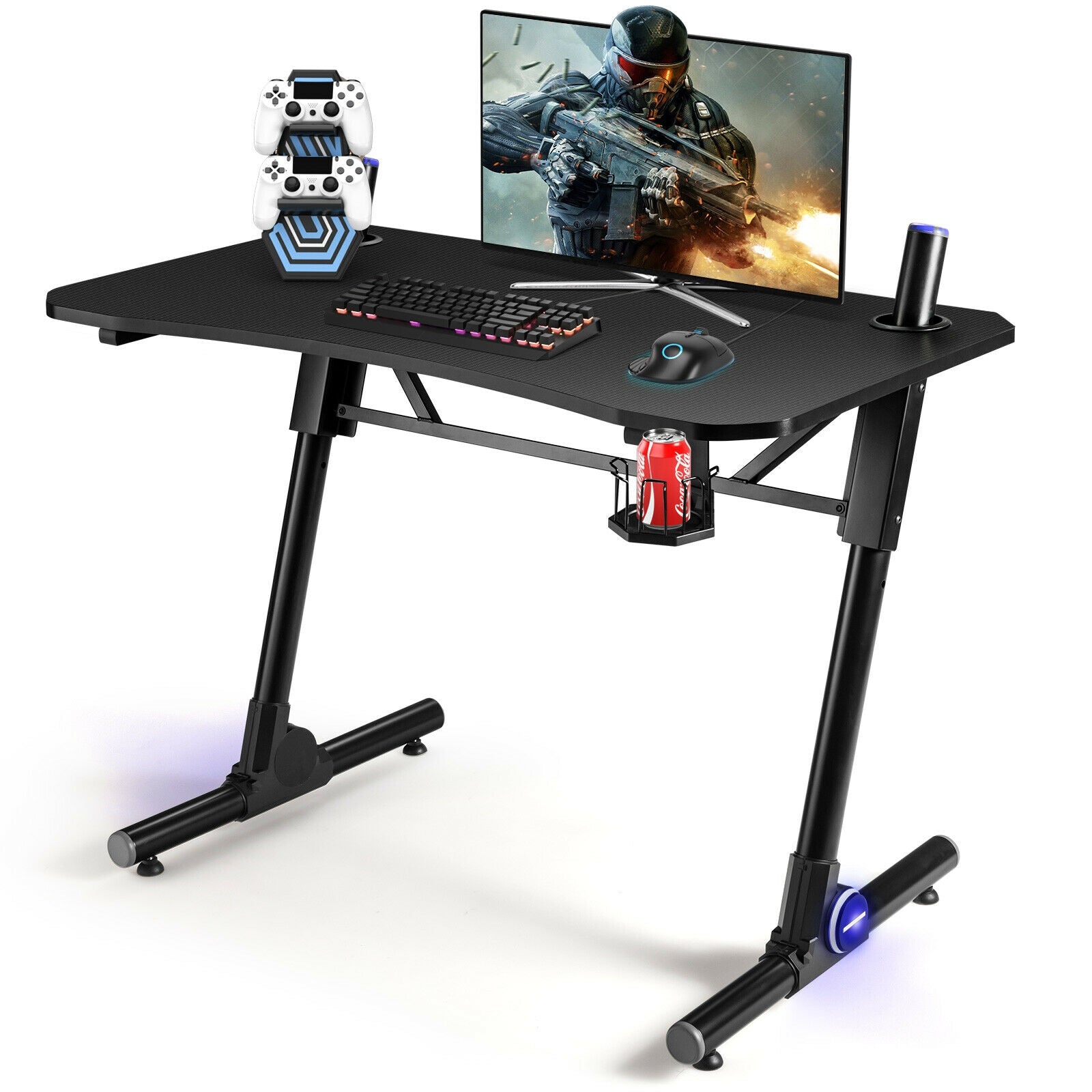 43.5 Inch Height Adjustable Gaming Desk with Blue LED Lights, Black Gaming Desks at Gallery Canada
