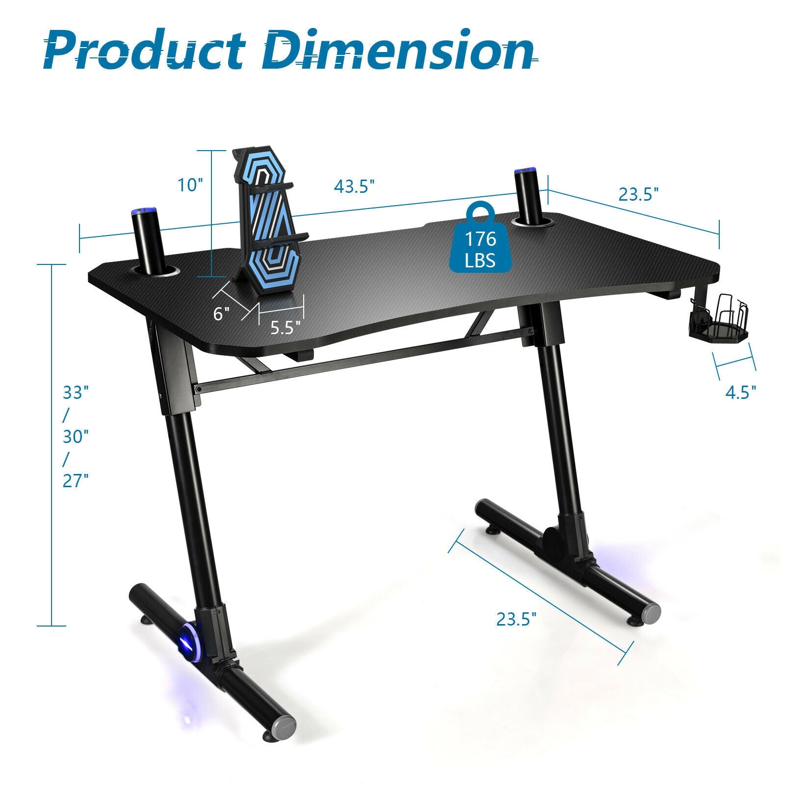 43.5 Inch Height Adjustable Gaming Desk with Blue LED Lights, Black Gaming Desks at Gallery Canada