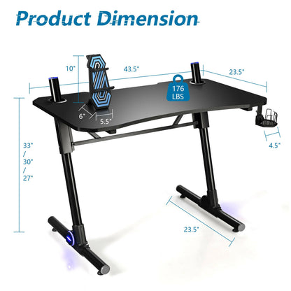 43.5 Inch Height Adjustable Gaming Desk with Blue LED Lights, Black Gaming Desks at Gallery Canada