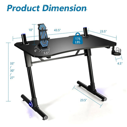 43.5 Inch Height Adjustable Gaming Desk with Blue LED Lights, Black - Gallery Canada