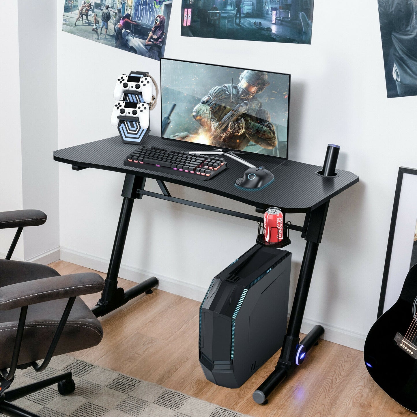 43.5 Inch Height Adjustable Gaming Desk With Blue LED Lights, Black Gaming Desks at Gallery Canada