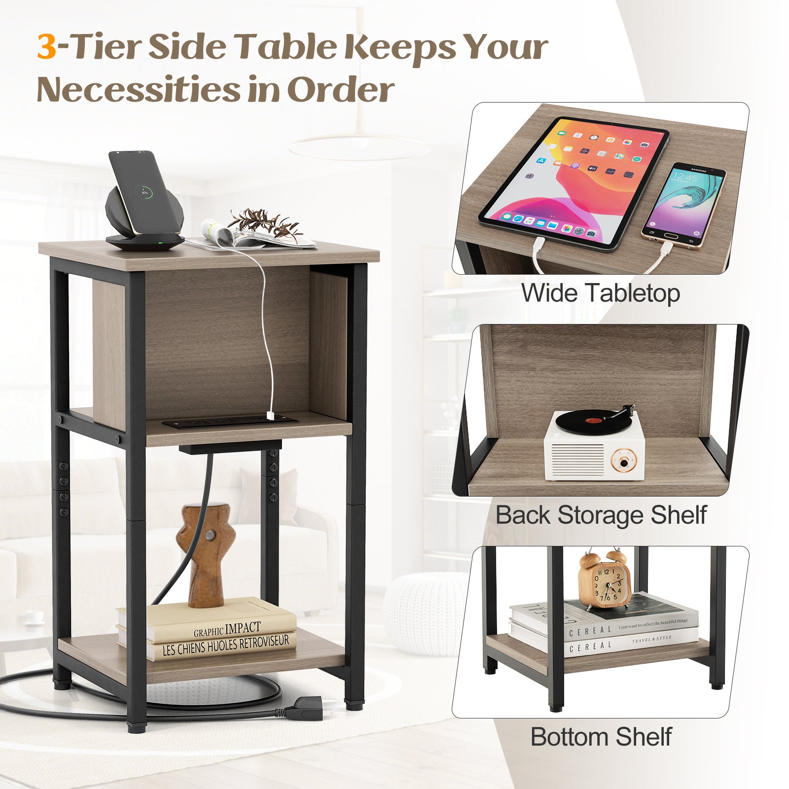 3-Tier End Table with USB Ports & Power Outlets-2 Pieces, Black & Gray End & Side Tables at Gallery Canada