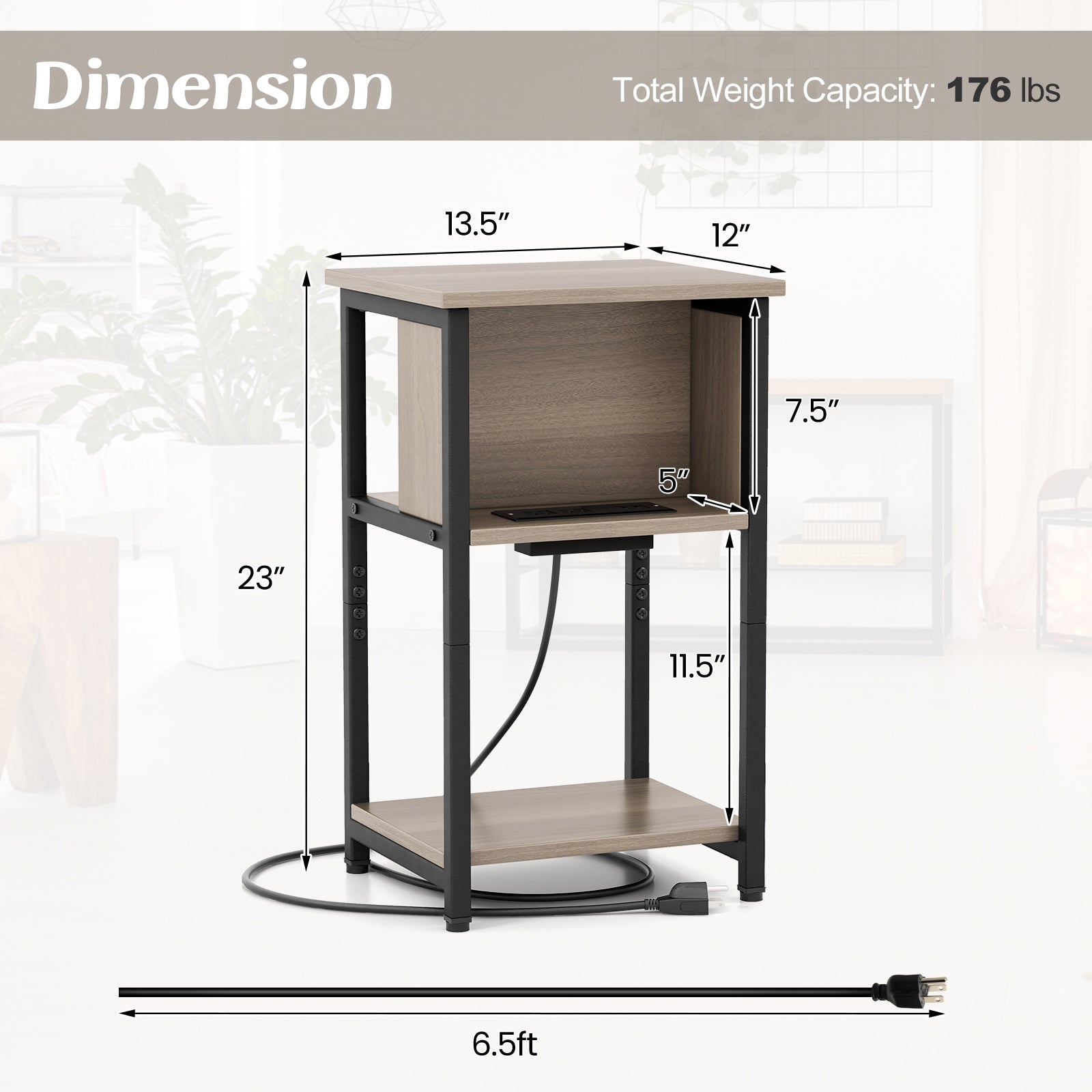 3-Tier End Table with USB Ports & Power Outlets-2 Pieces, Black & Gray End & Side Tables at Gallery Canada