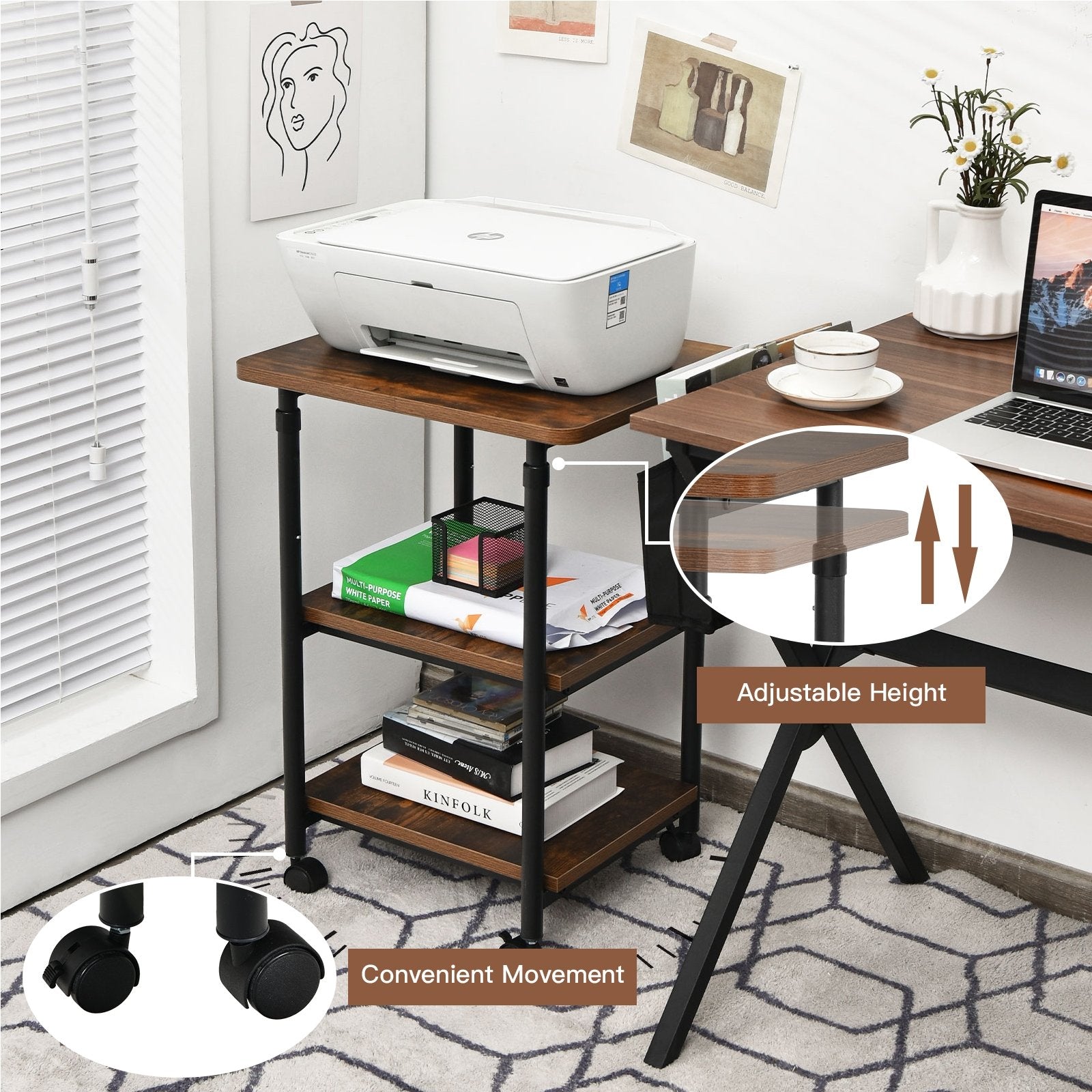 3-tier Adjustable Printer Stand with 360° Swivel Casters, Brown - Gallery Canada