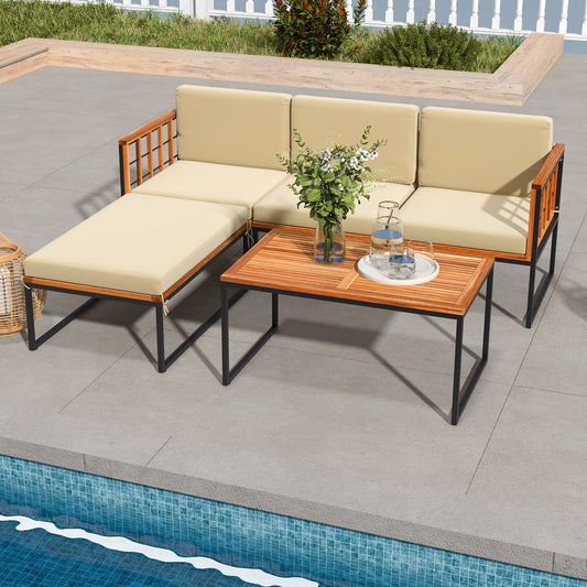 5 Pieces Patio Furniture Set Acacia Wood Sectional Set with Heavy-Duty Metal Frame, Beige - Gallery Canada