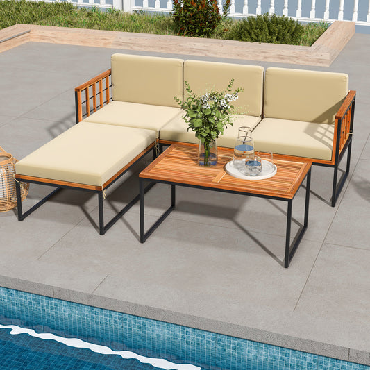 5 Pieces Patio Furniture Set Acacia Wood Sectional Set with Heavy-Duty Metal Frame, Beige Outdoor Sectionals Beige at Gallery Canada