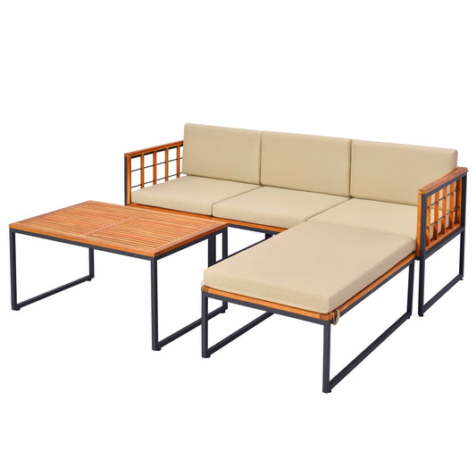 5 Piece Acacia Wood Patio Furniture Set, Heavy Duty Metal Frame, Beige Outdoor Sectionals Beige at Gallery Canada