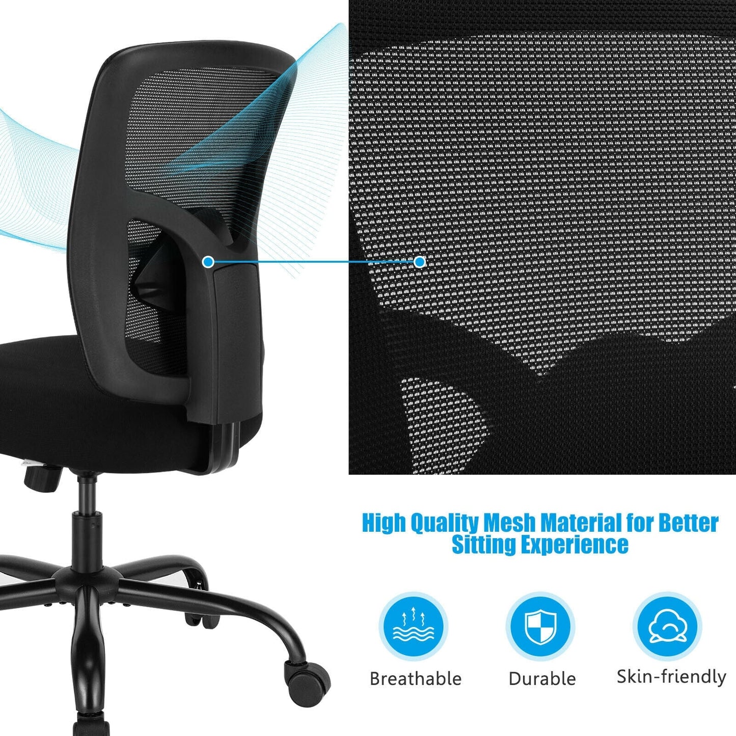 400LBS Mesh Big And Tall Office Chair, Swivel Task Chair, Black Big and Tall Chairs at Gallery Canada
