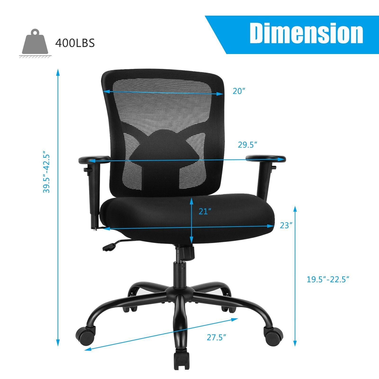 400LBS Mesh Big And Tall Office Chair, Swivel Task Chair, Black Big and Tall Chairs at Gallery Canada