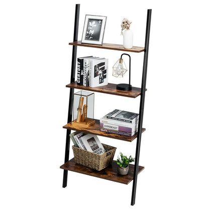 Multipurpose 4-Tier Industrial Leaning Wall Bookcase with Metal Frame, Brown