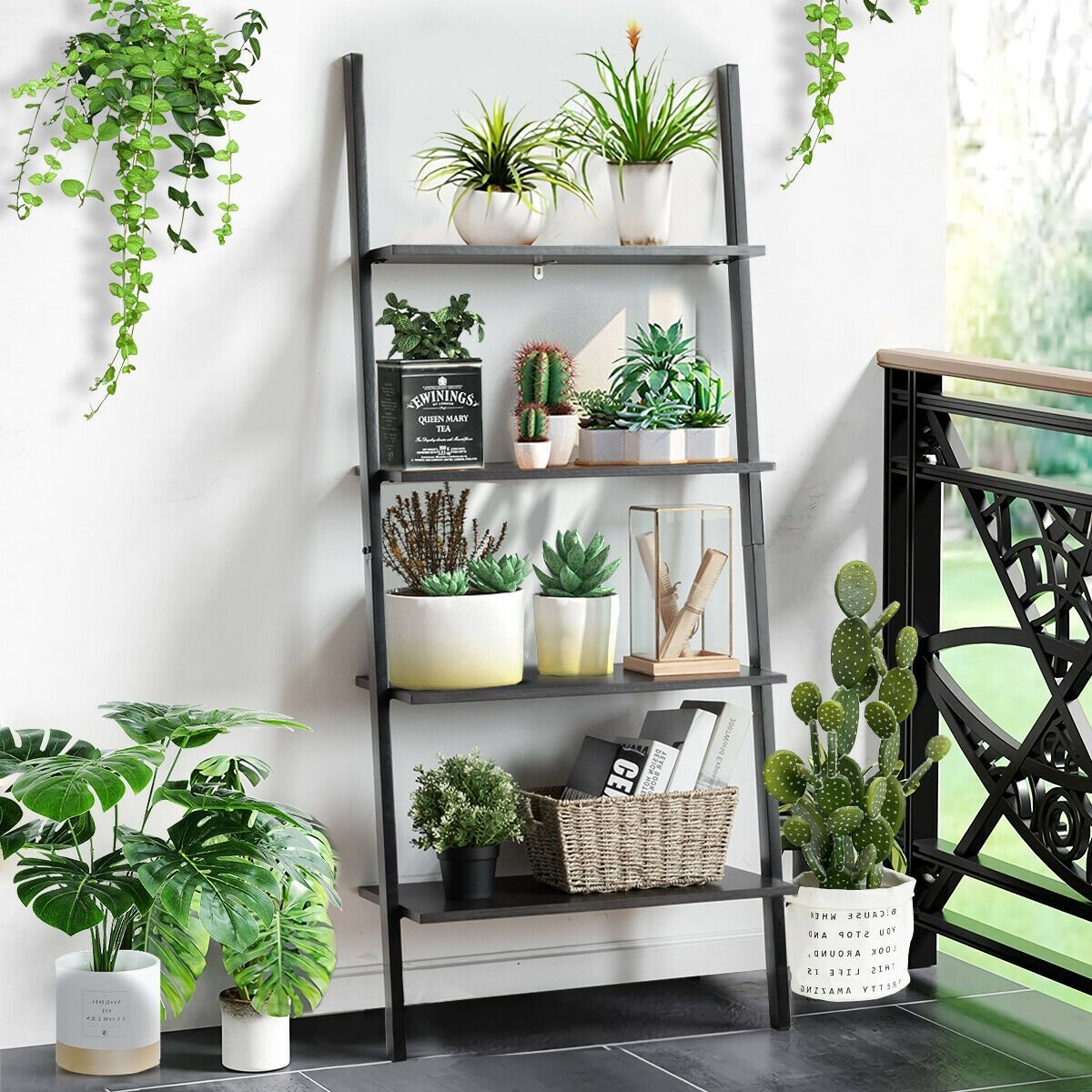 4-Tier Industrial Leaning Wall Bookcase, Black - Gallery Canada