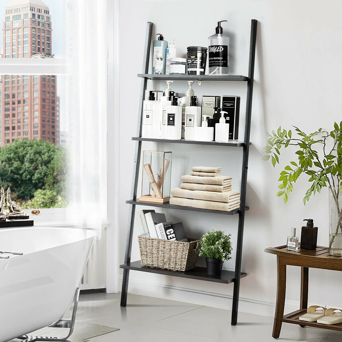 4-Tier Industrial Leaning Wall Bookcase, Black at Gallery Canada