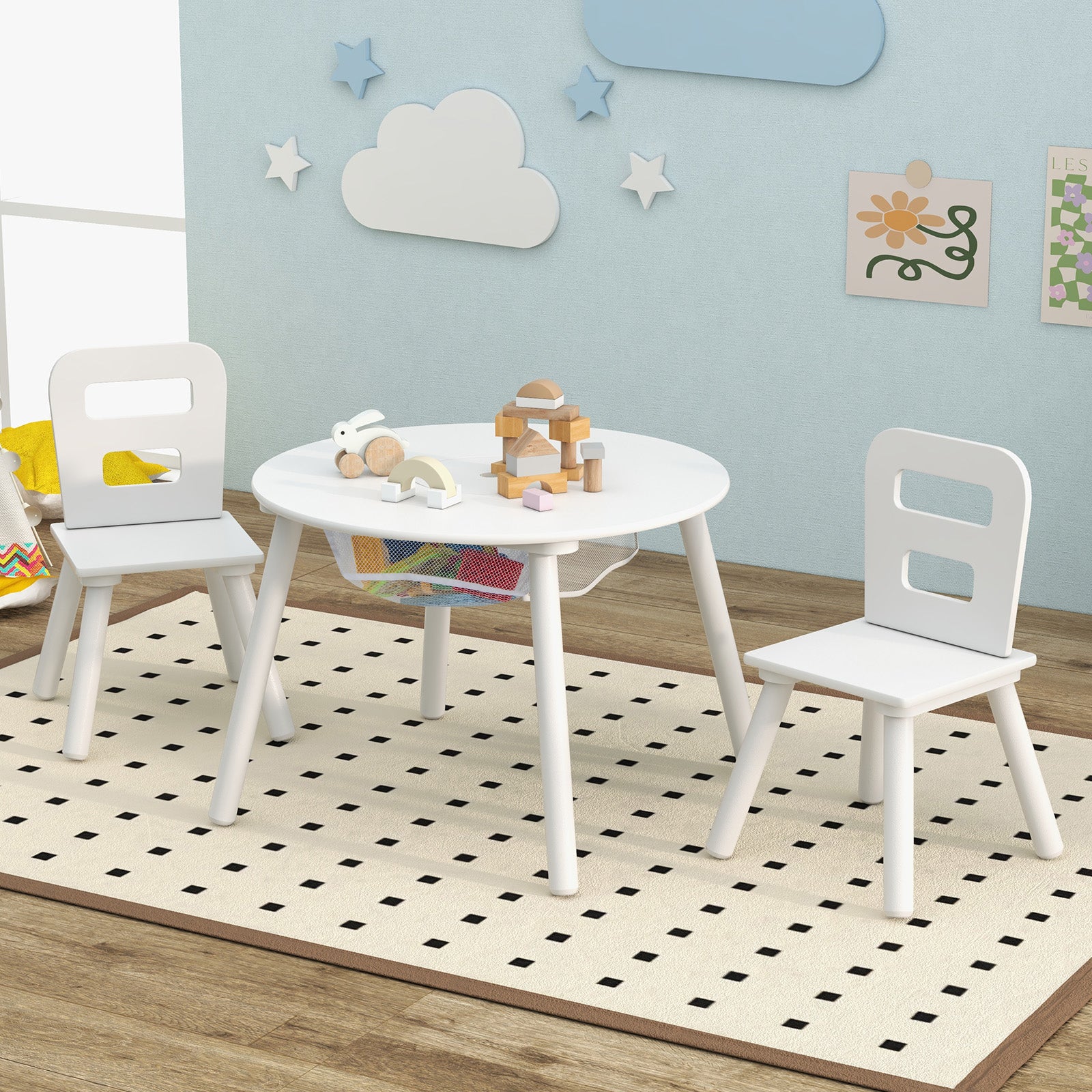 Wood Activity Kids Table and Chair Set with Center Mesh Storage, White Kids Table & Chair Sets at Gallery Canada