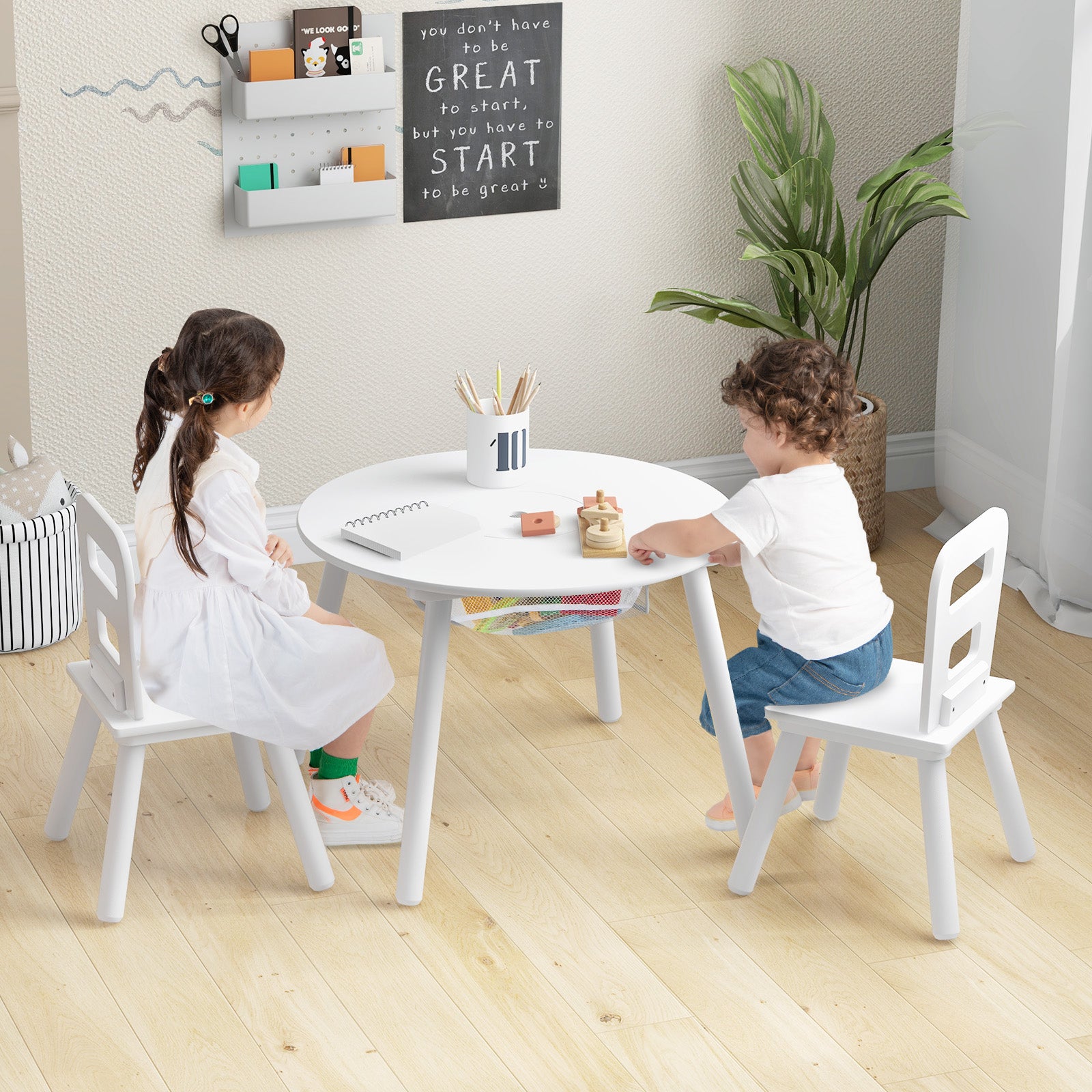 Wood Activity Kids Table and Chair Set with Center Mesh Storage, White Kids Table & Chair Sets at Gallery Canada