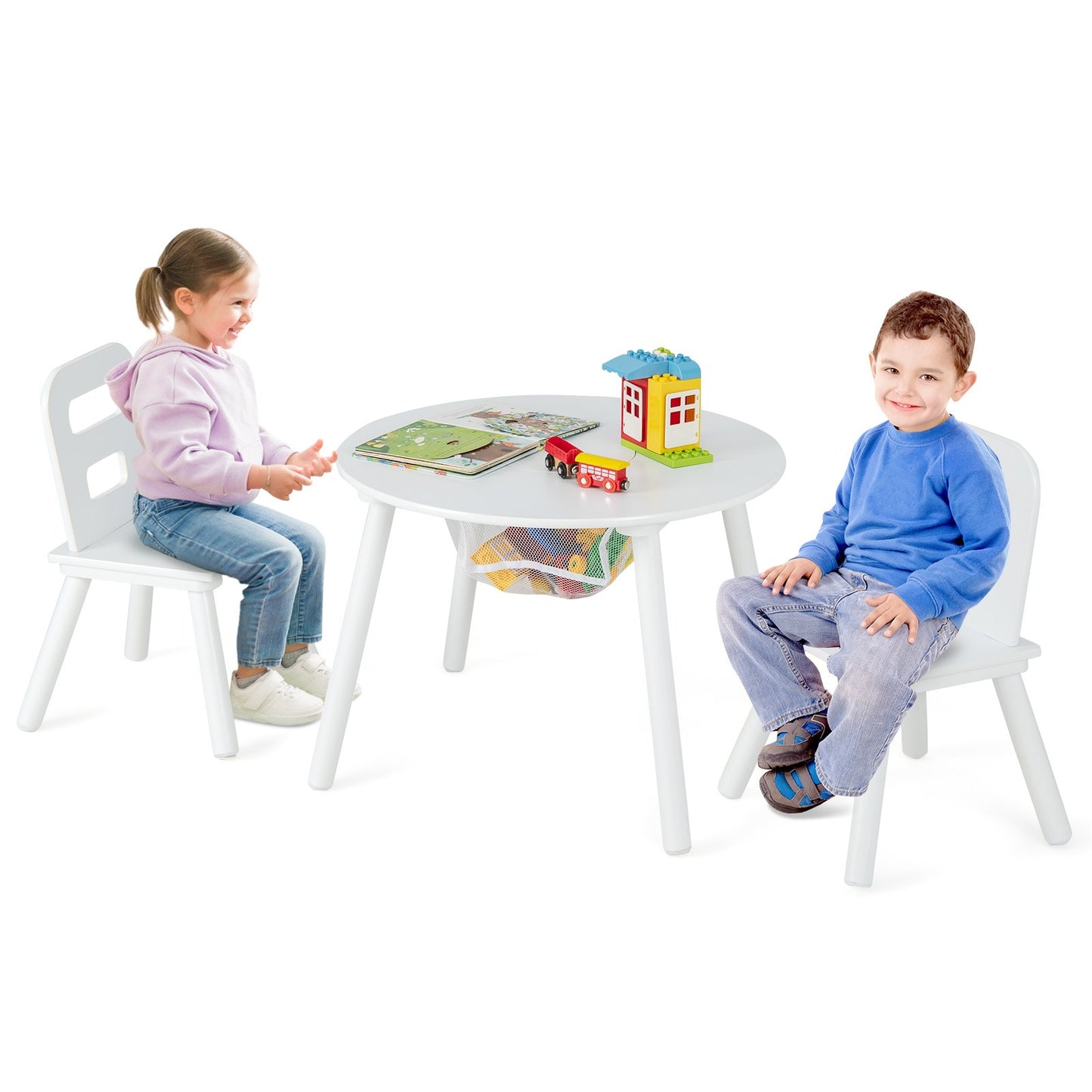 Wood Activity Kids Table and Chair Set with Center Mesh Storage, White - Gallery Canada