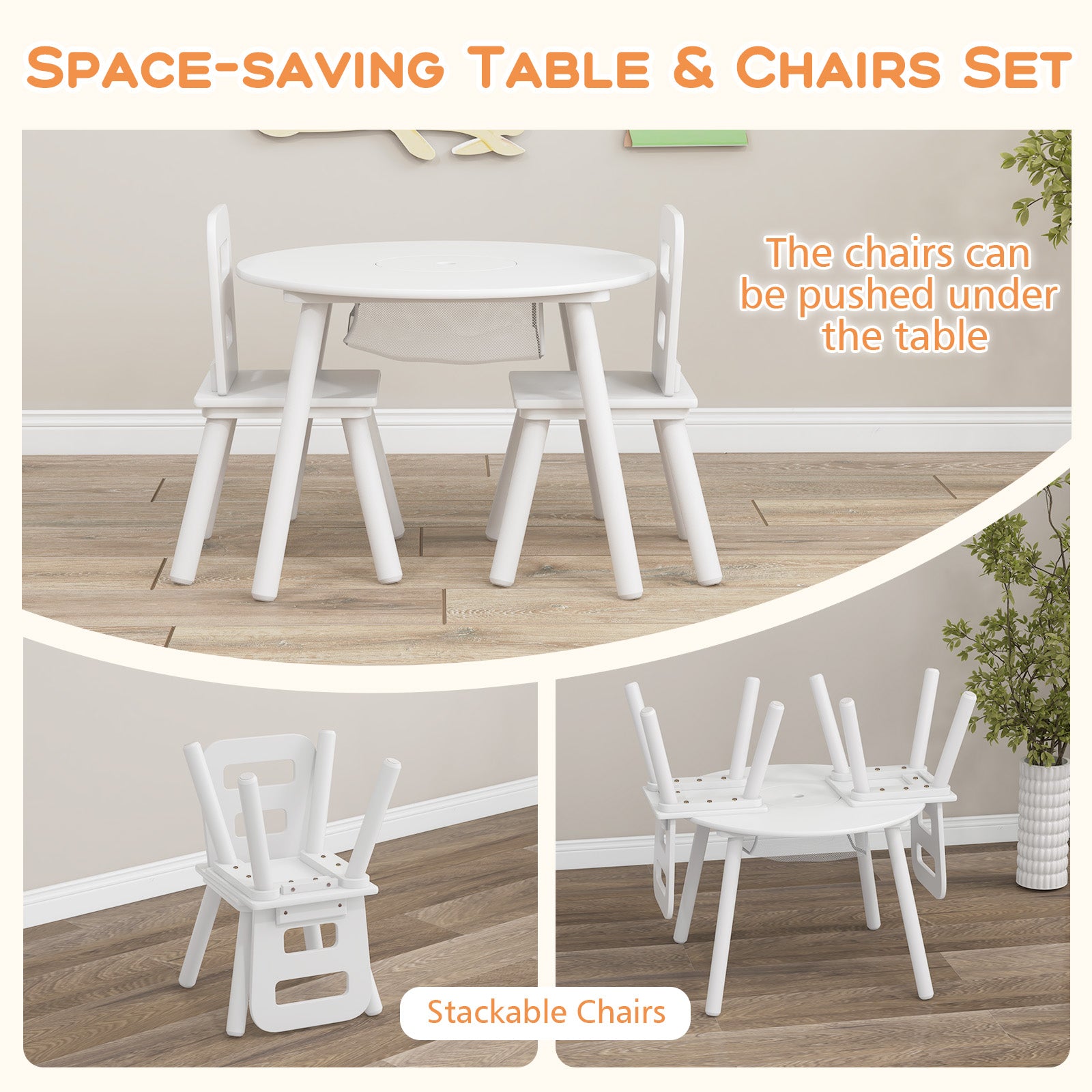 Wood Activity Kids Table and Chair Set with Center Mesh Storage, White Kids Table & Chair Sets at Gallery Canada