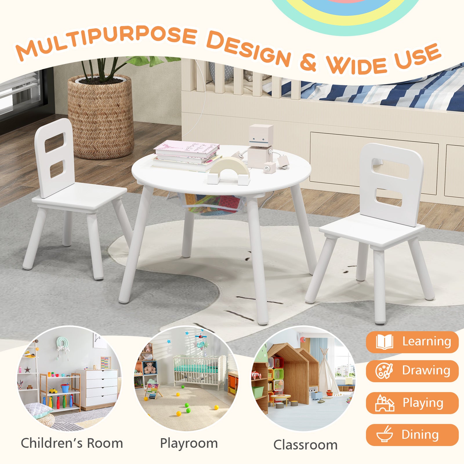 Wood Activity Kids Table and Chair Set with Center Mesh Storage, White Kids Table & Chair Sets at Gallery Canada