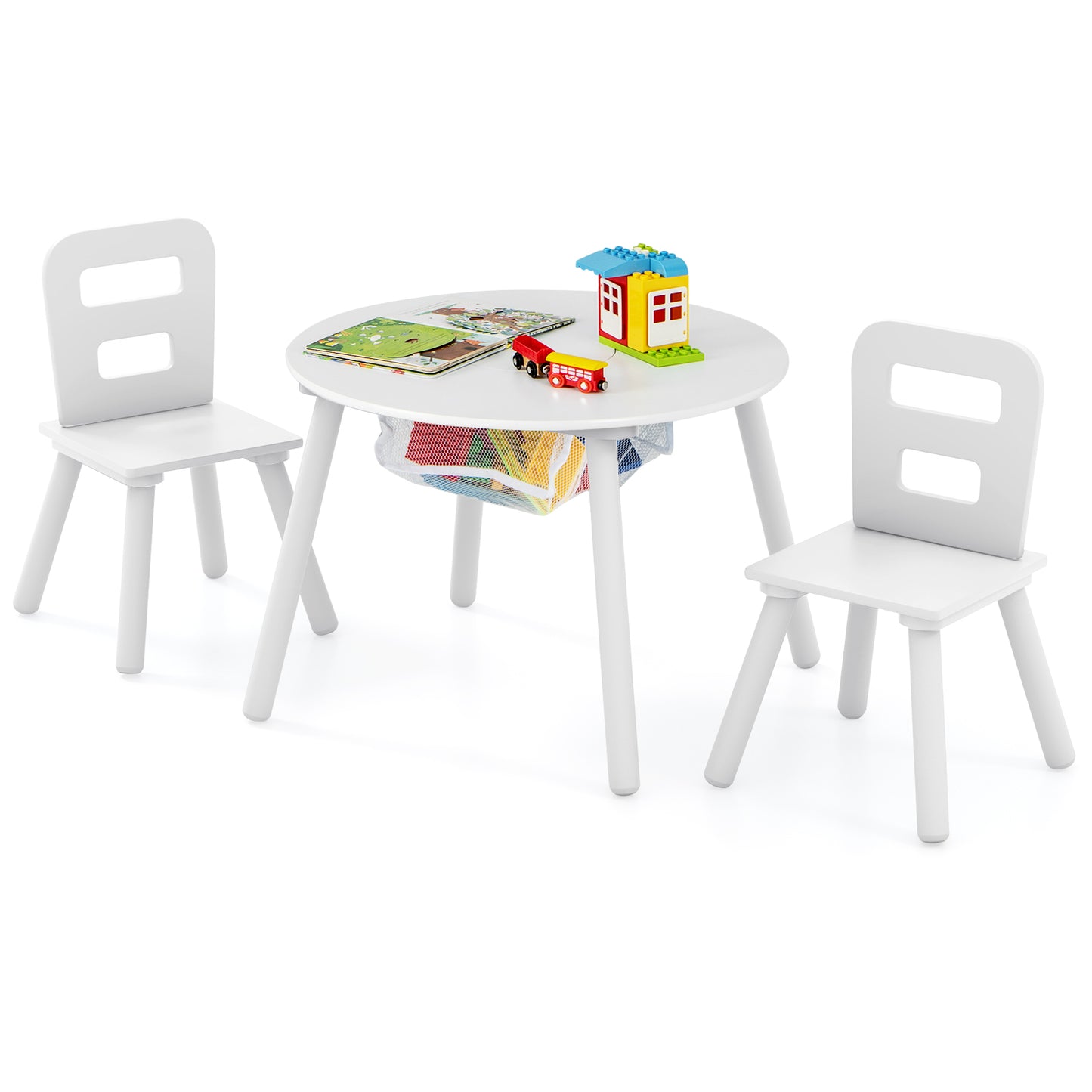 Kids Wood Activity Table And Chair Set, With Center Mesh Storage, White