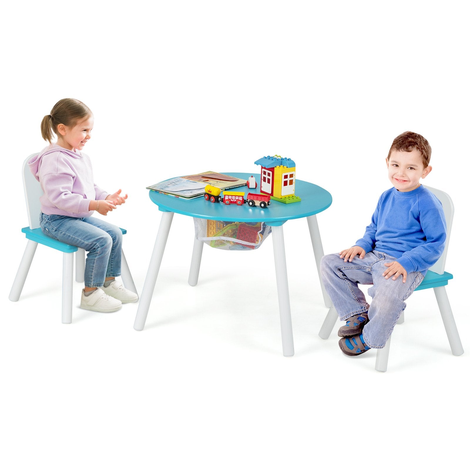 Wood Activity Kids Table and Chair Set with Center Mesh Storage, Blue - Gallery Canada