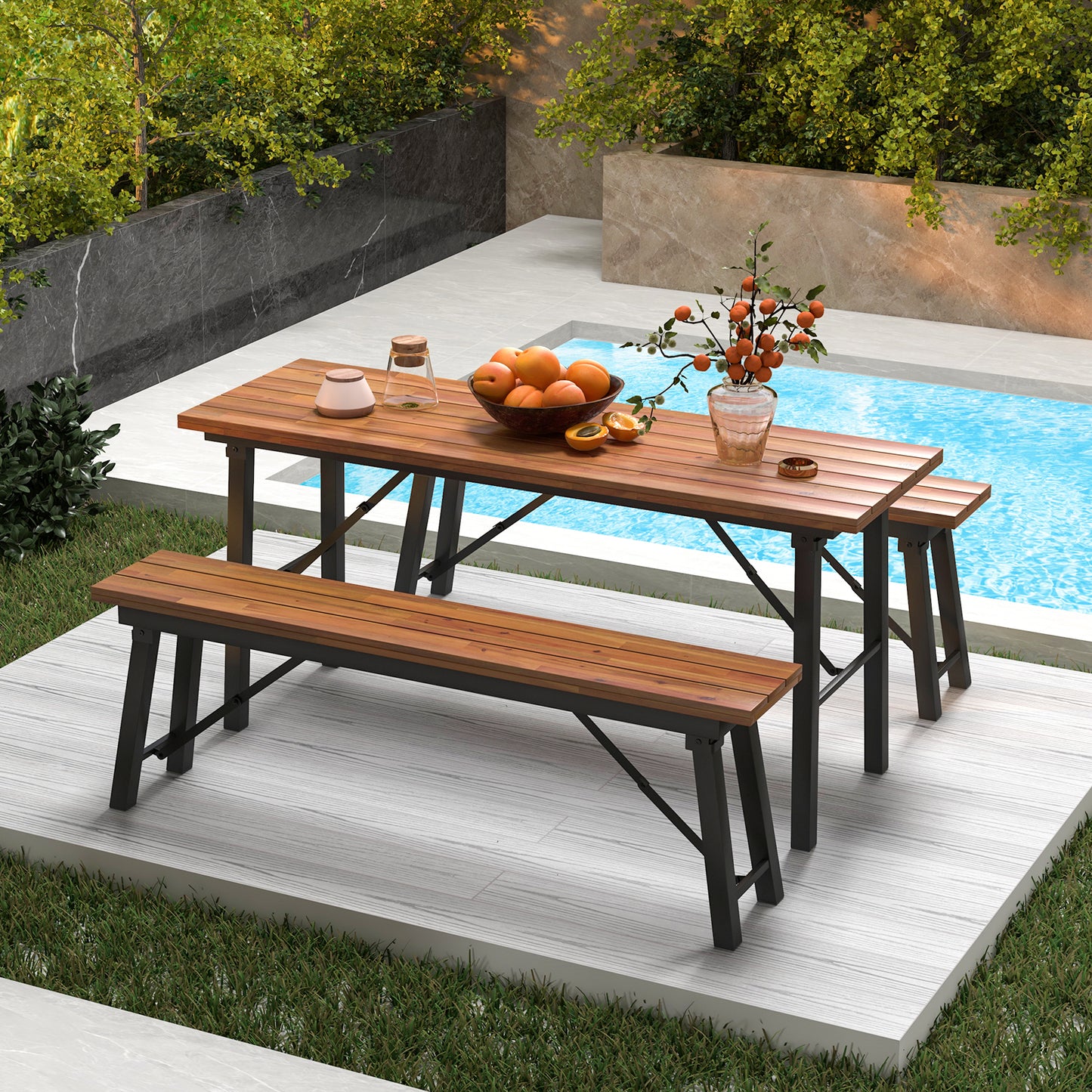 Outdoor Dining Table and Bench Set with Acacia Wood Top for Yard Garden Poolside, Natural Outdoor Seating & Patio Chairs at Gallery Canada