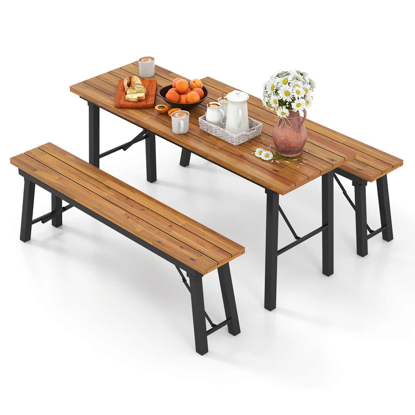 Outdoor Dining Table and Bench Set with Acacia Wood Top for Yard Garden Poolside, Natural Outdoor Seating & Patio Chairs Natural at Gallery Canada