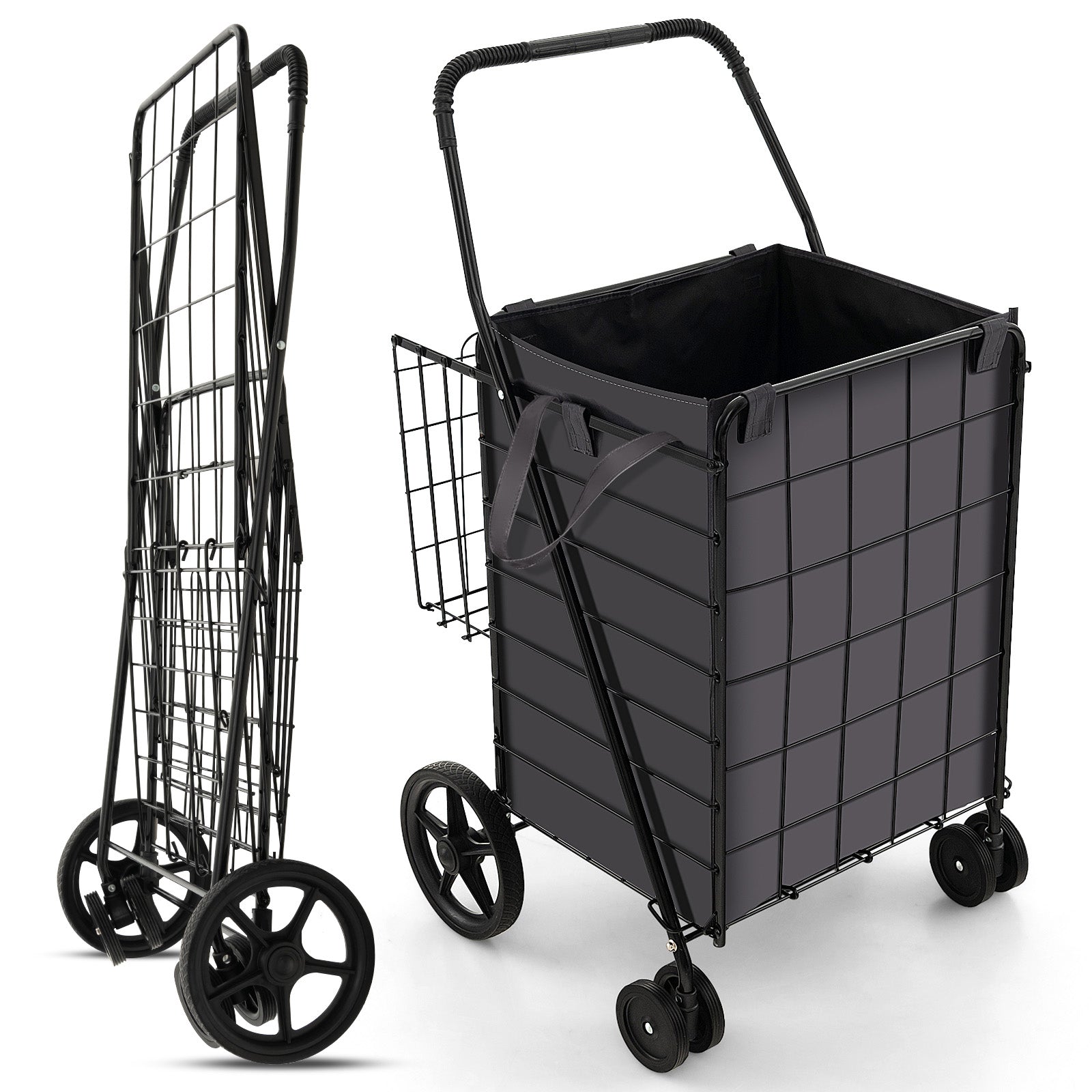 Folding Rolling Shopping Cart with Waterproof Liner and Basket, Black Kitchen Tools at Gallery Canada