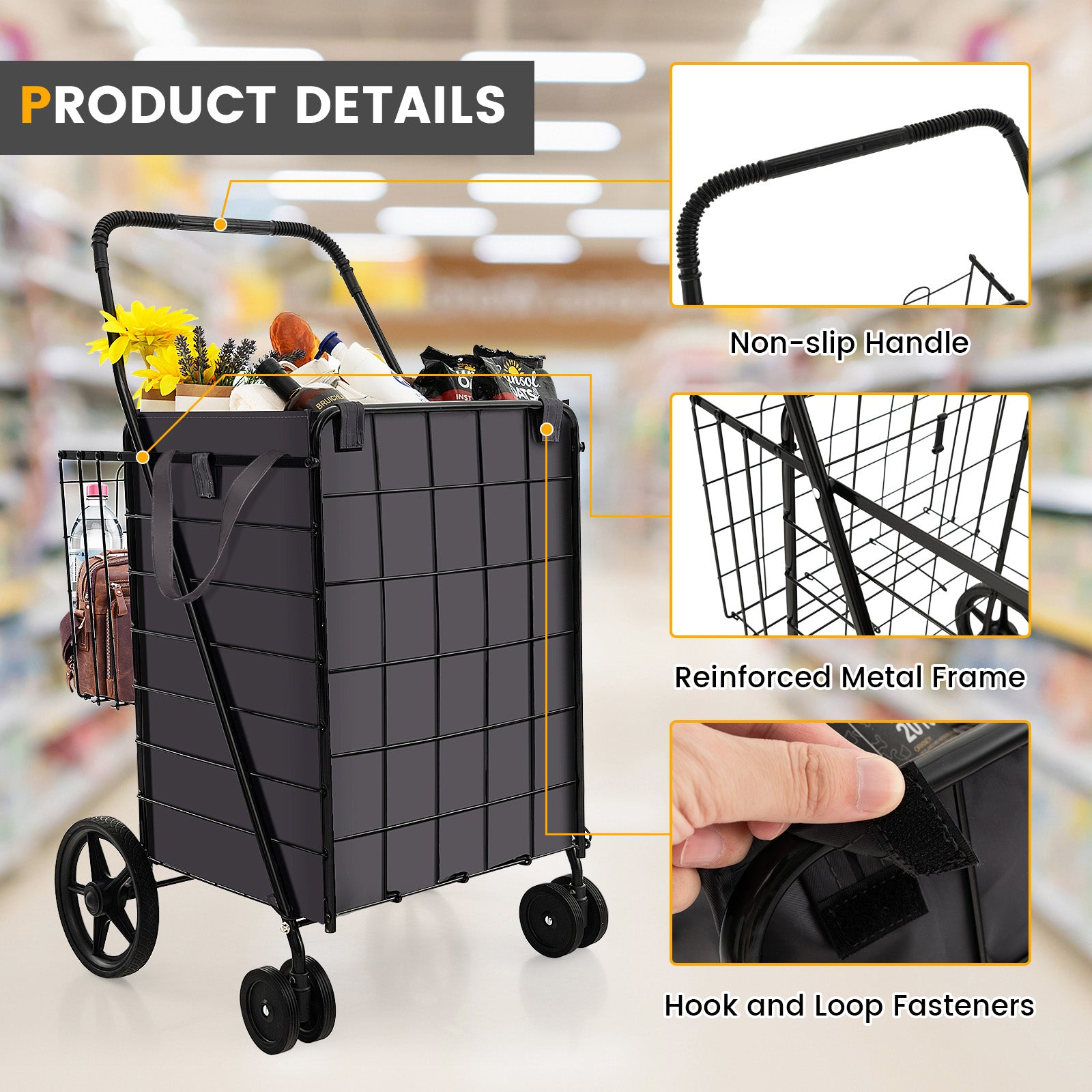 Folding Rolling Shopping Cart with Waterproof Liner and Basket, Black Kitchen Tools at Gallery Canada