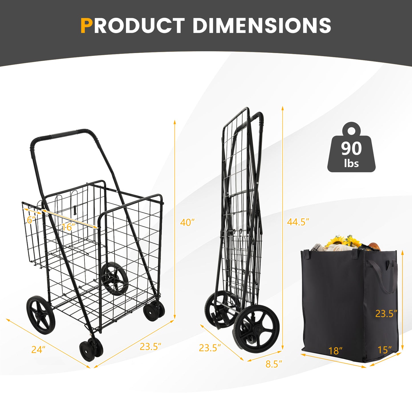 Folding Rolling Shopping Cart with Waterproof Liner and Basket, Black Kitchen Tools at Gallery Canada