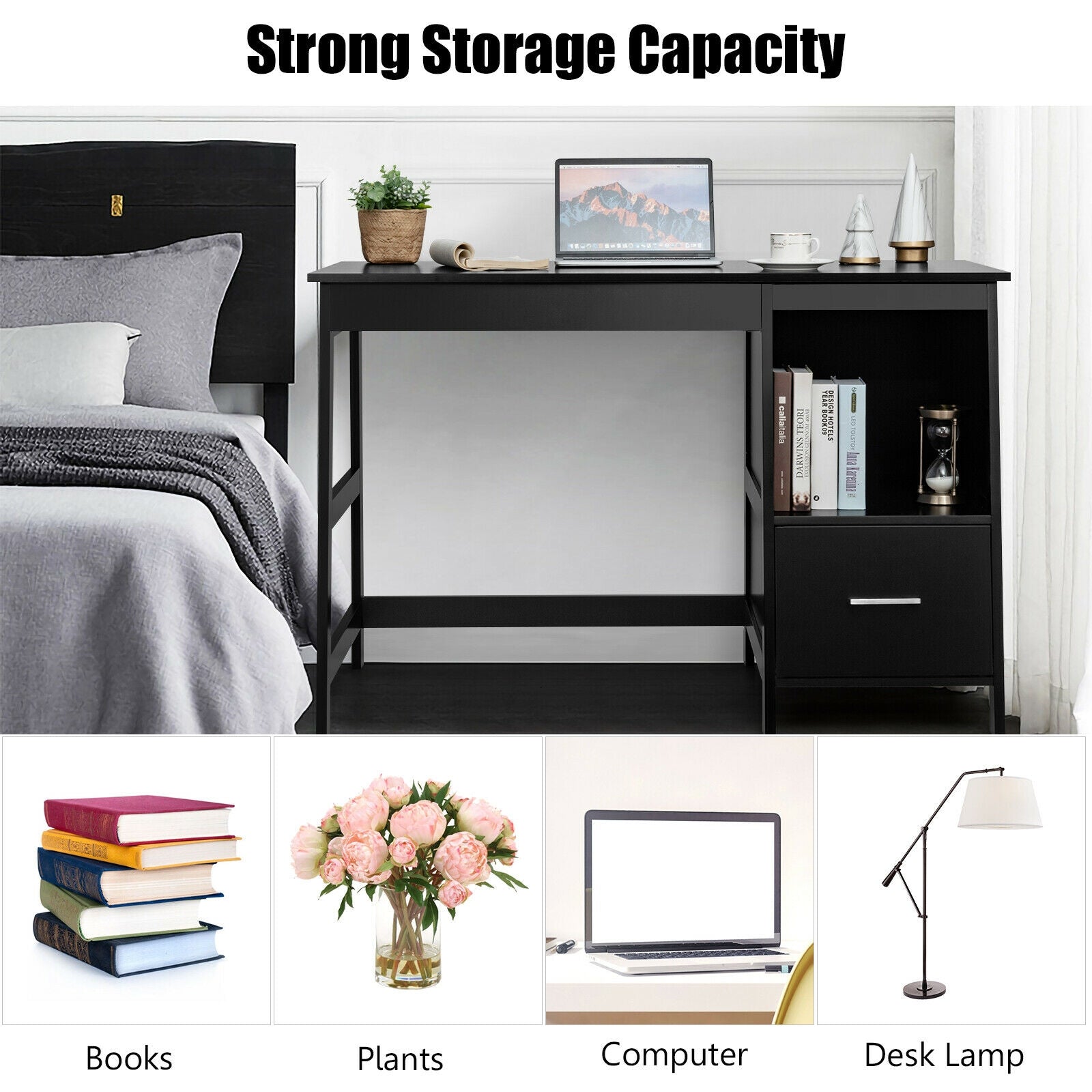 47.5 Inch Modern Home Computer Desk with 2 Storage Drawers, Black Writing Desks at Gallery Canada