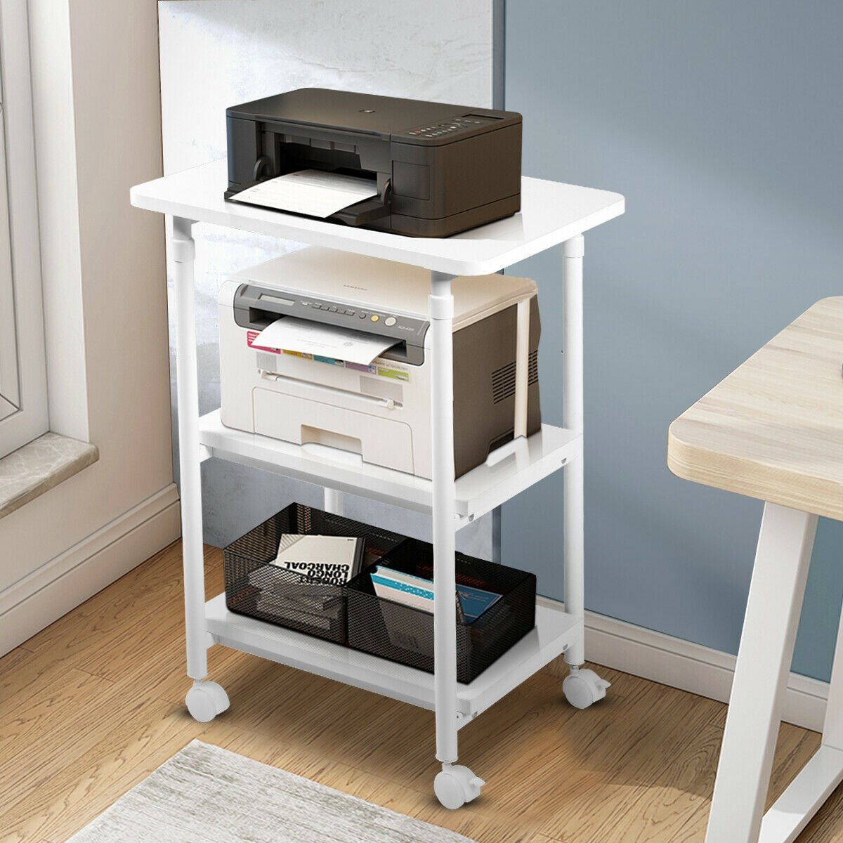 3-tier Adjustable Printer Stand with 360° Swivel Casters, White - Gallery Canada
