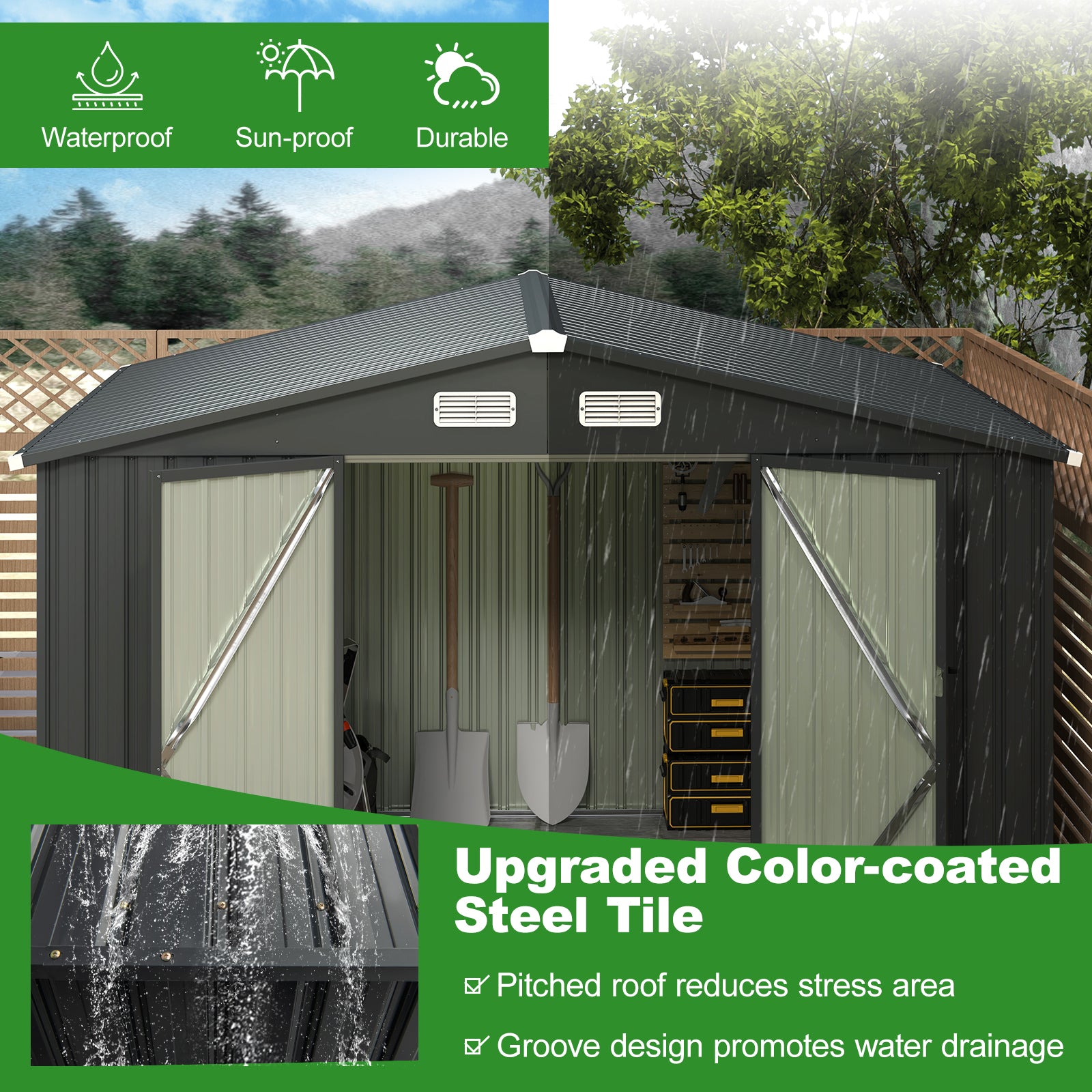 10 x 7.5 x 6 Feet Outdoor Galvanized Steel Storage Shed, Dark Gray Sheds & Outdoor Storage at Gallery Canada
