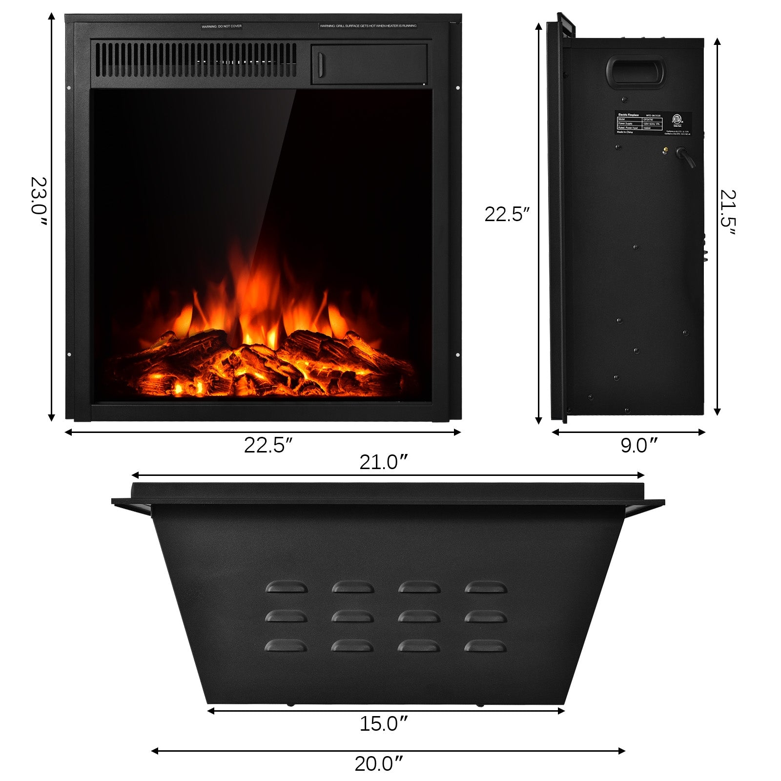 22.5 Inch Electric Fireplace Insert Freestanding and Recessed Heater, Black Fireplaces at Gallery Canada