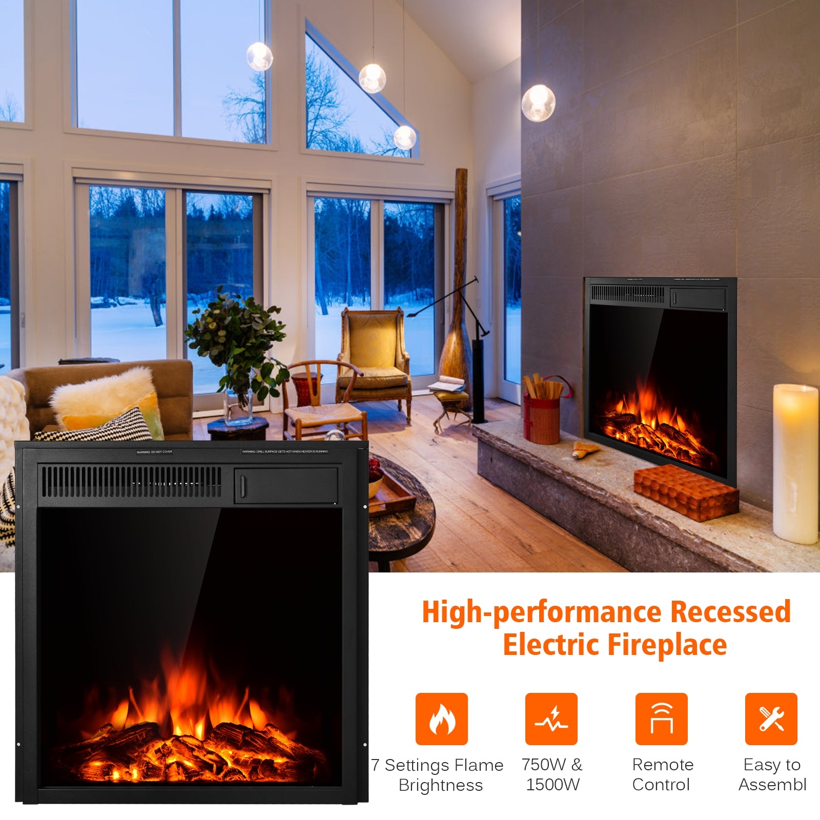 22.5 Inch Electric Fireplace Insert Freestanding and Recessed Heater, Black Fireplaces at Gallery Canada
