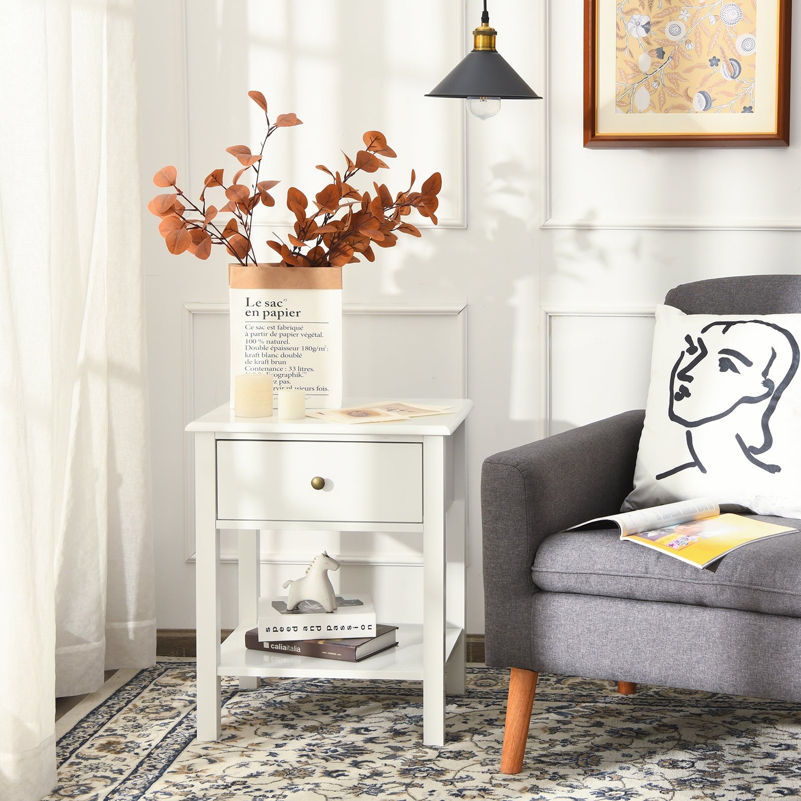 Nightstand End Table with Drawer and Shelf, White Nightstands at Gallery Canada