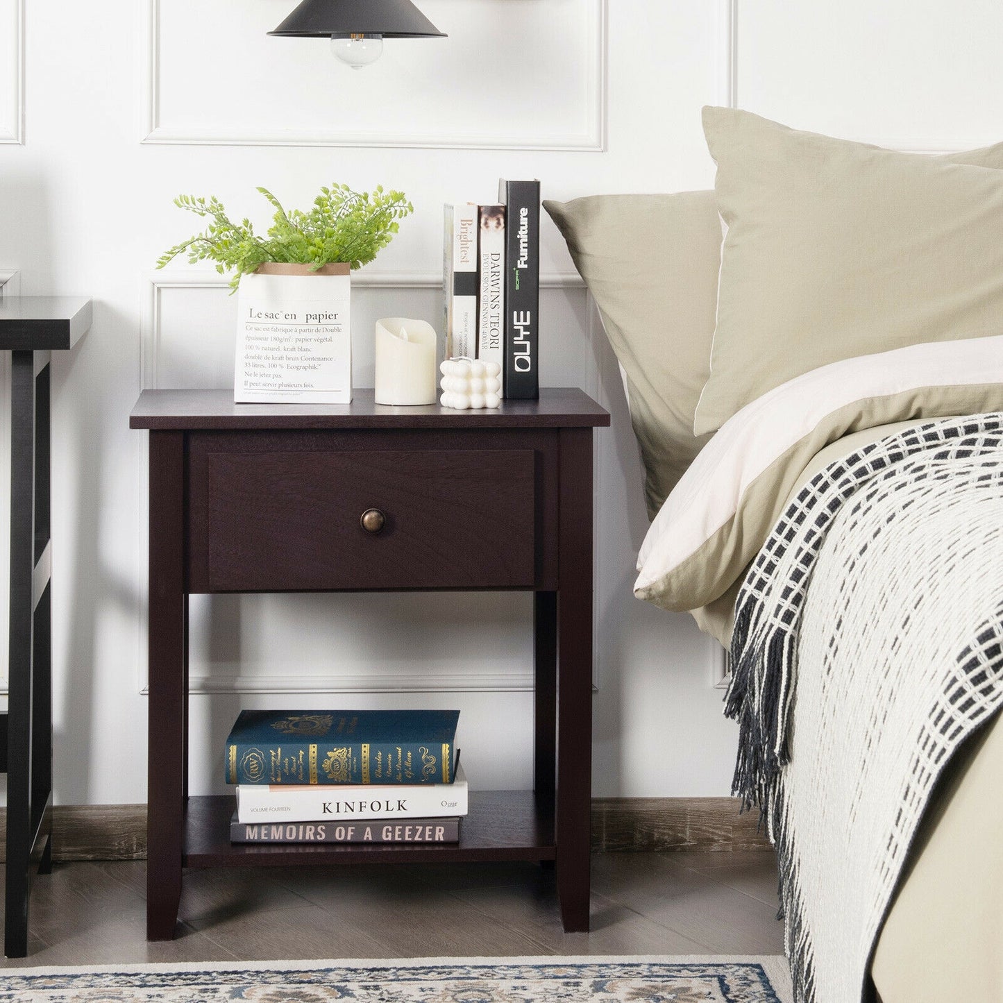Nightstand with Drawer and Storage Shelf for Bedroom Living Room, Dark Brown Nightstands at Gallery Canada