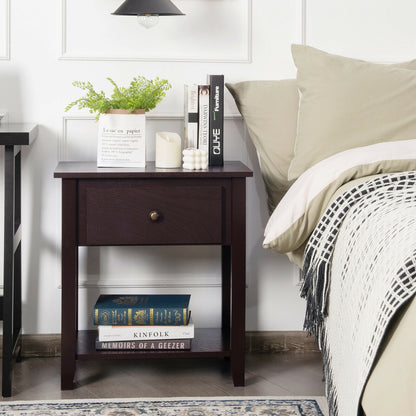 Nightstand with Drawer and Storage Shelf for Bedroom Living Room, Dark Brown Nightstands at Gallery Canada