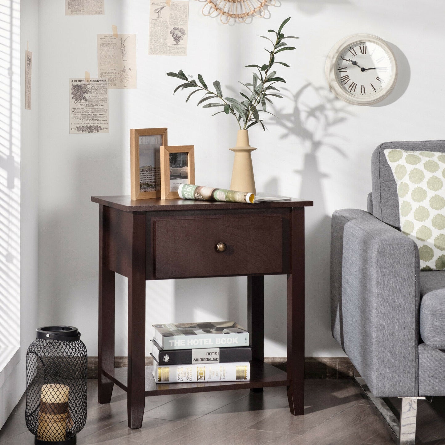 Nightstand with Drawer and Storage Shelf for Bedroom Living Room, Dark Brown Nightstands at Gallery Canada