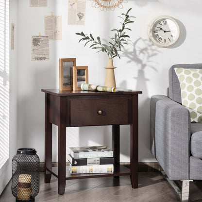 Nightstand with Drawer and Storage Shelf for Bedroom Living Room, Dark Brown Nightstands at Gallery Canada