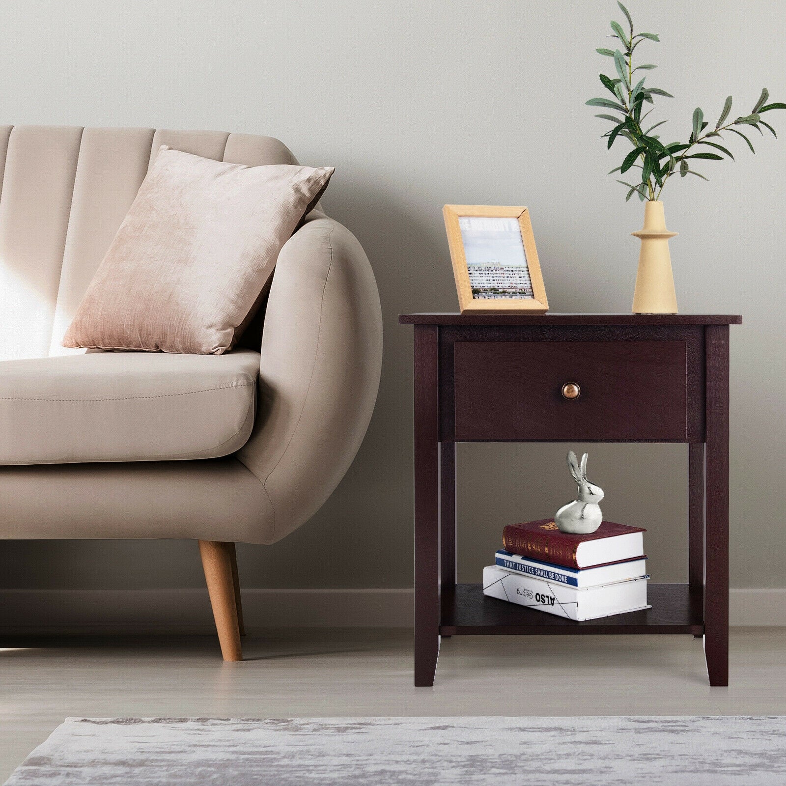 Nightstand with Drawer and Storage Shelf for Bedroom Living Room, Dark Brown Nightstands at Gallery Canada