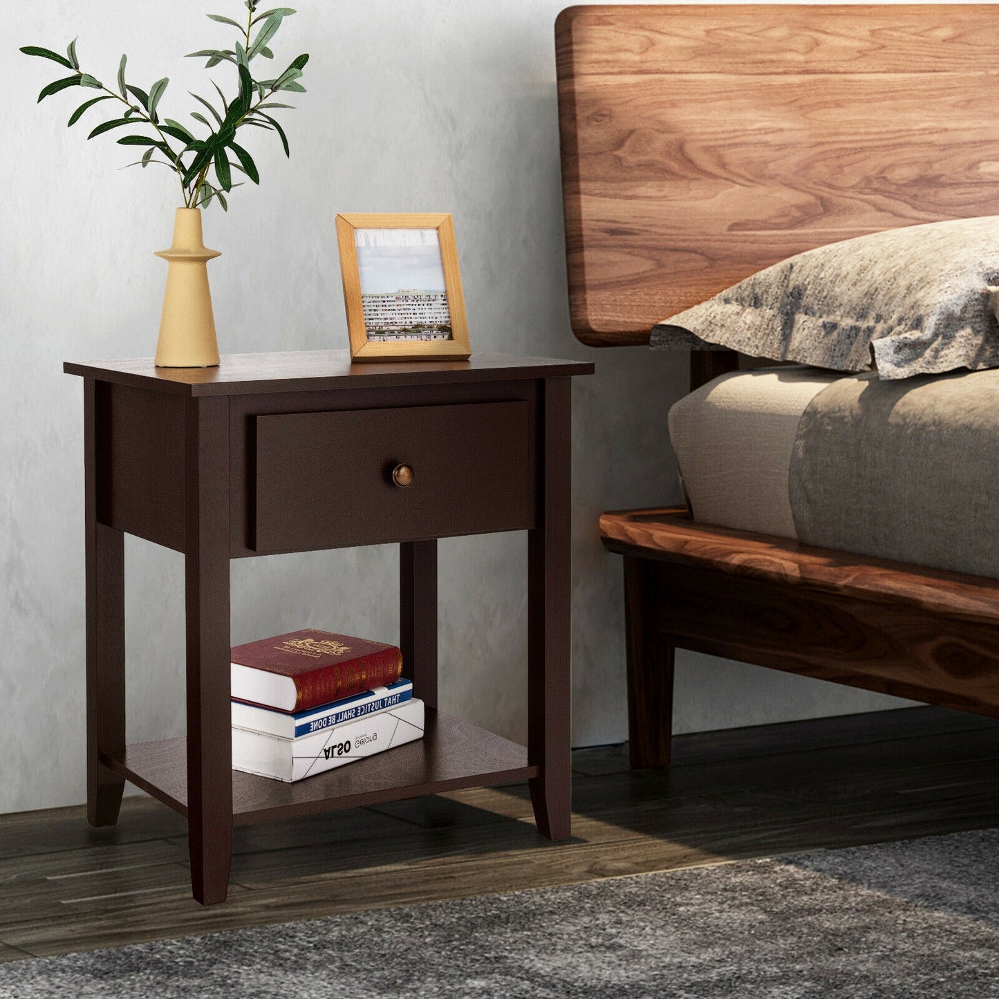 Nightstand with Drawer and Storage Shelf for Bedroom Living Room, Dark Brown Nightstands at Gallery Canada